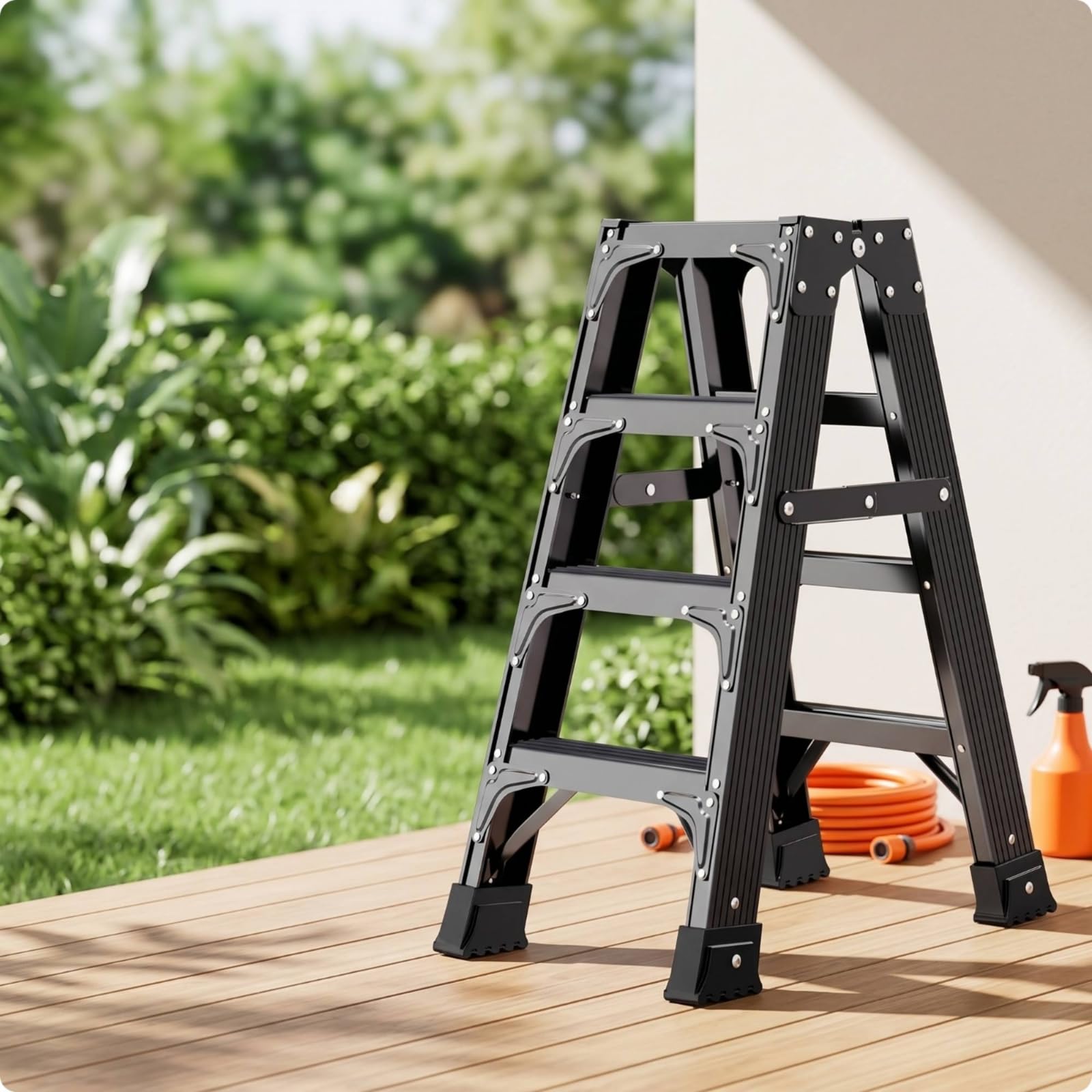 Escalera Reforzada a Plegable con, Escalera De Tijera De 5 Peldaños, 1.5 Metros, Reforzada, Color Negro Premium