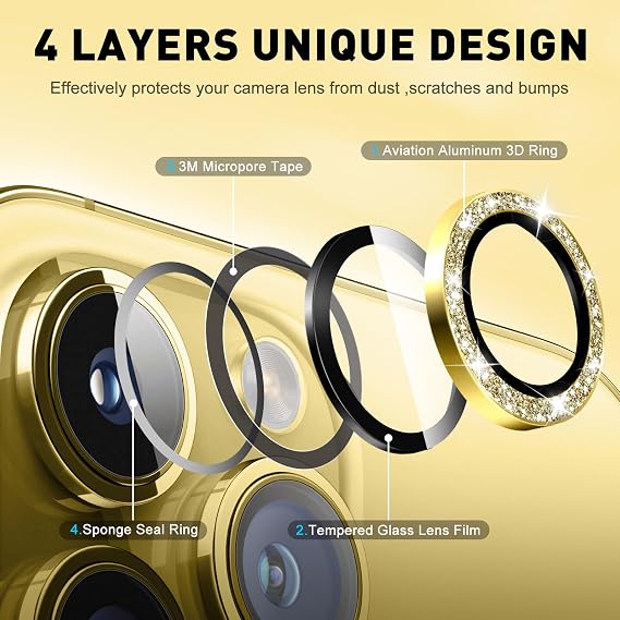 LucBuy Camera Lens Protector Compatible for iPhone 12 Pro Max, Glitter 9H Tempered Glass Camera Cover Film Stickers, Automatic-Alignment Individual Metal Rings Shiny Phone Accessories