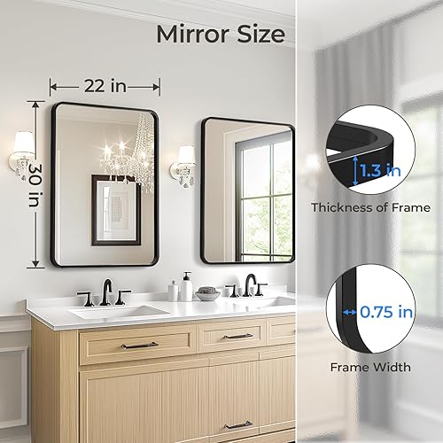 Miniatura 6 de USHOWER Paquete de 2 espejos de baño negros sobre el fregadero de 22 x 30 pulgadas, espejo rectangular con marco de metal, espejo moderno de tocador