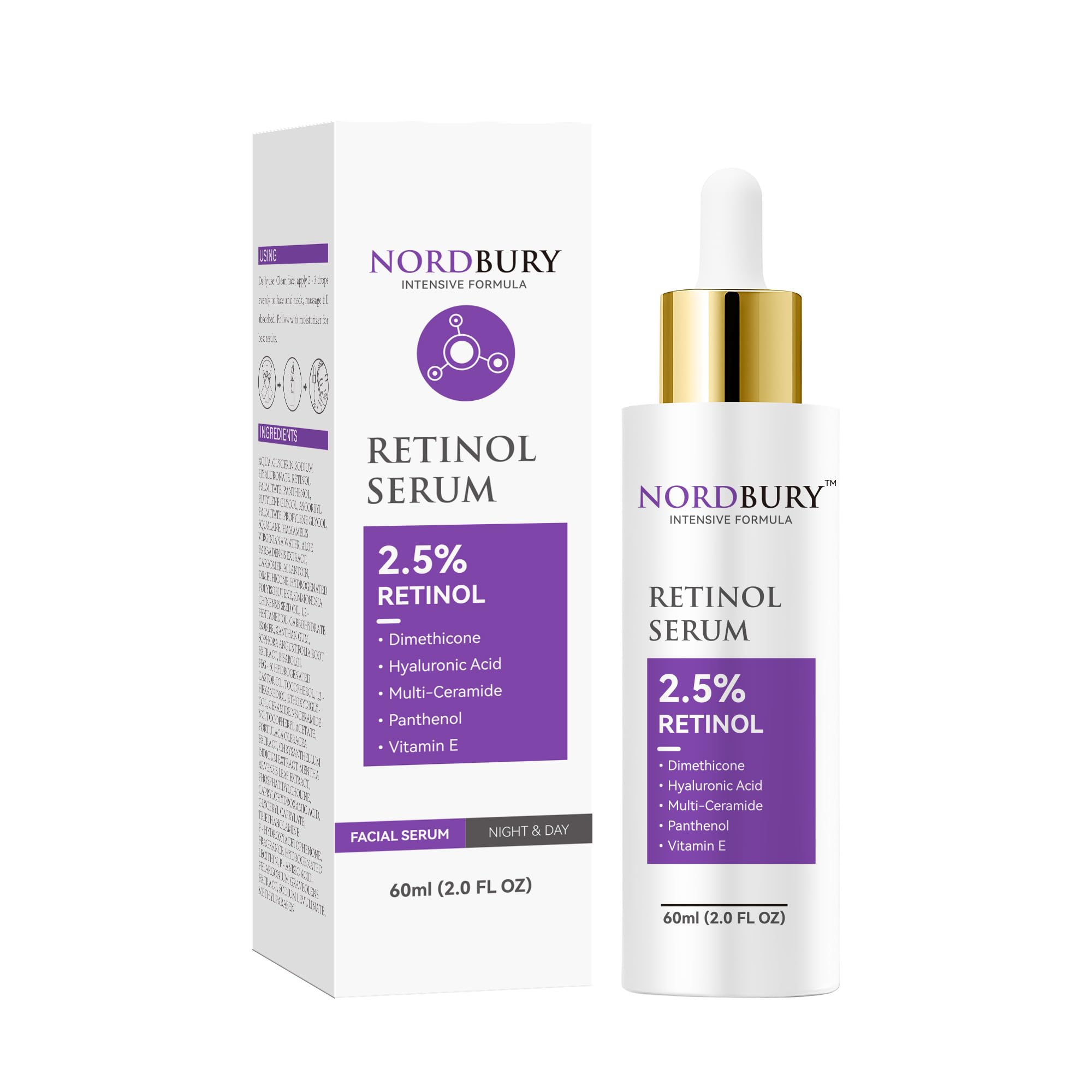 NORDBURY Retinol Serum, 2.5% Retinol with Vitamin E Ceramide Hyaluronic Acid & Organic Aloe Vera, Smooth Fine Lines Reduce Wrinkles and Improve Texture Skin Renewal Actively Night & Day - 60ml