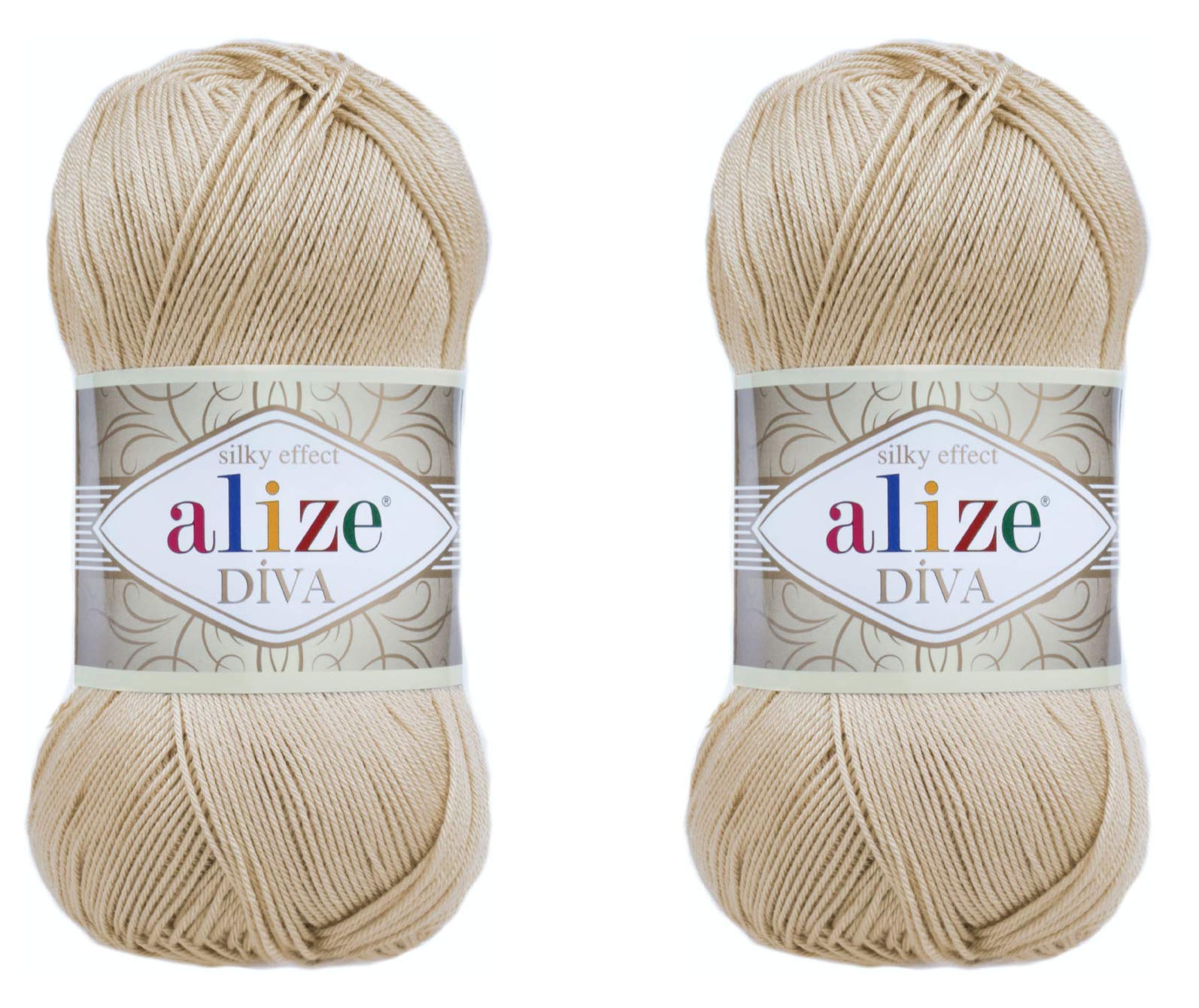 AlizeDiva Yarn Hand Knitting Yarn 100% Microfiber Acrylic Yarn Alize Diva Silk Effect Thread Crochet Art Lace Craft Lot of 2 skeins 200gr 767 yds (368-Camel)