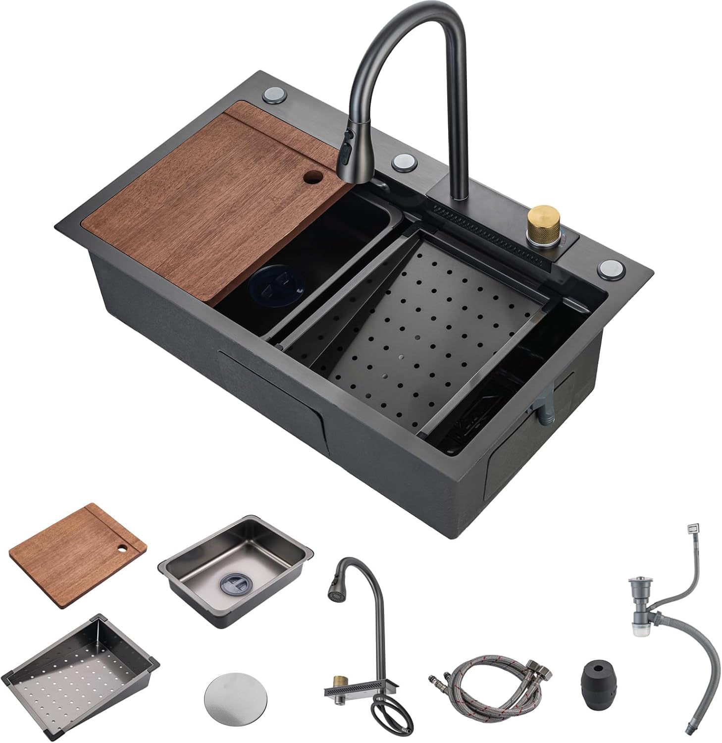 3034kitchen sink with faucet combo waterfall black stainless steel waterfall sink kitchen countertop multi-functional sinks farmhouse undermount or countertop drop in