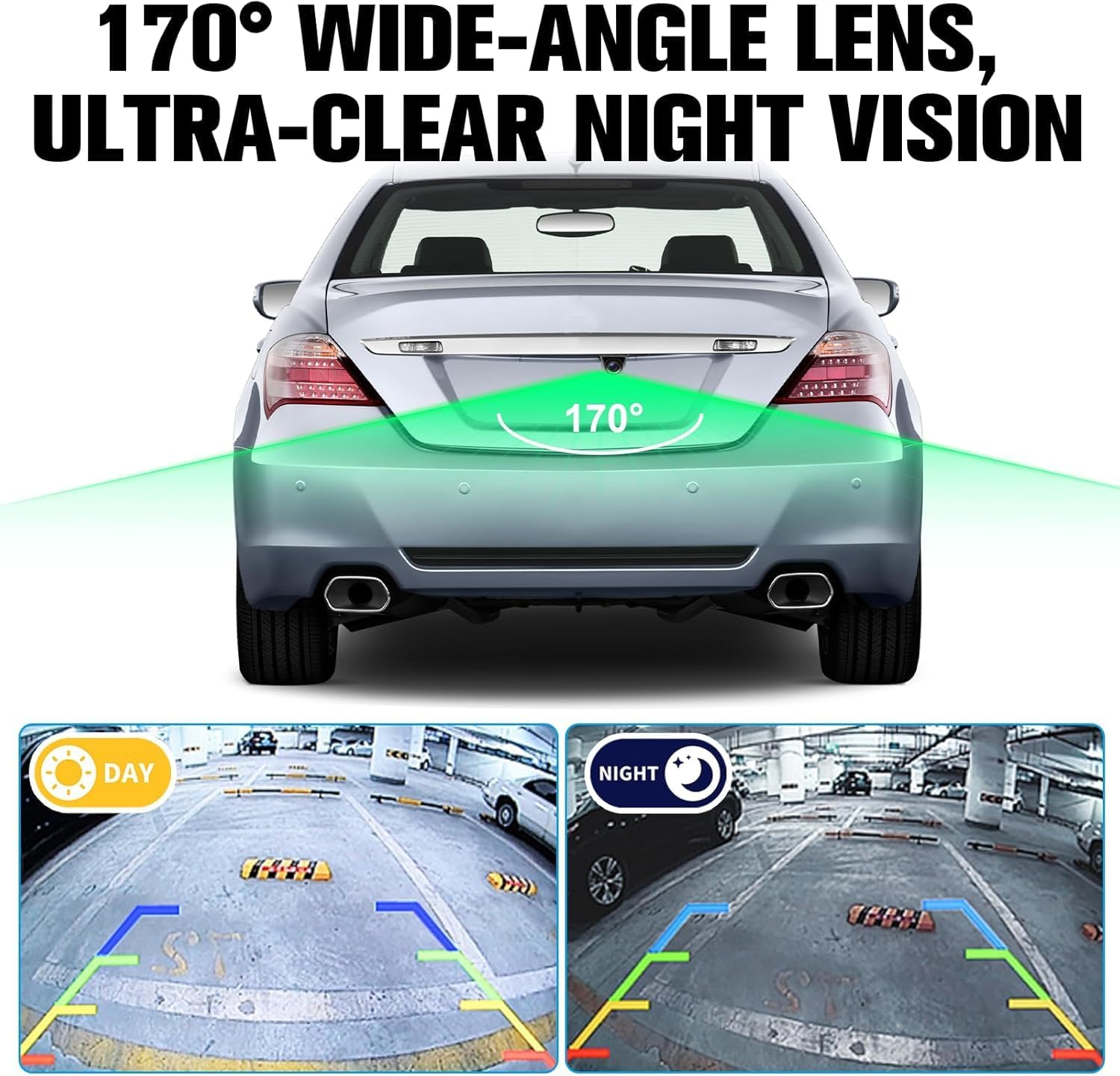 Cámara de Visión Trasera para Coche, 170° Gran Angular Impermeable IP68, Lente HD con Visión Nocturna y Líneas de Aparcamiento, Asistente de Marcha Atrás Universal para Bus/RV/Camión/Remolque — view 4