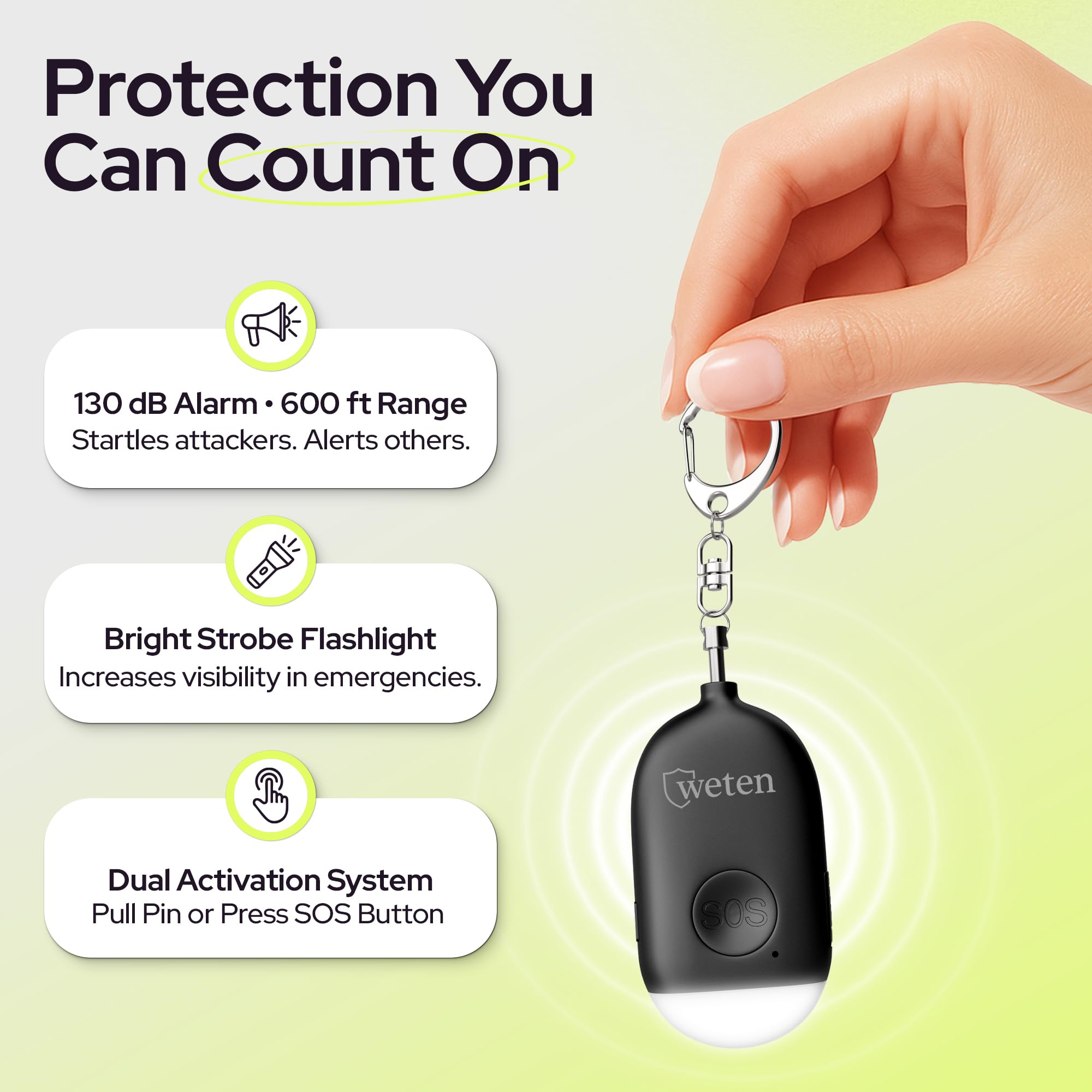 Weten Rechargeable Personal Alarm Keychain - 130dB Siren & LED Light - Stylish Personal Safety Alert for Women to Carry - Panic Button Alarm for Security - Rape Whistle for Self Defense (Black)