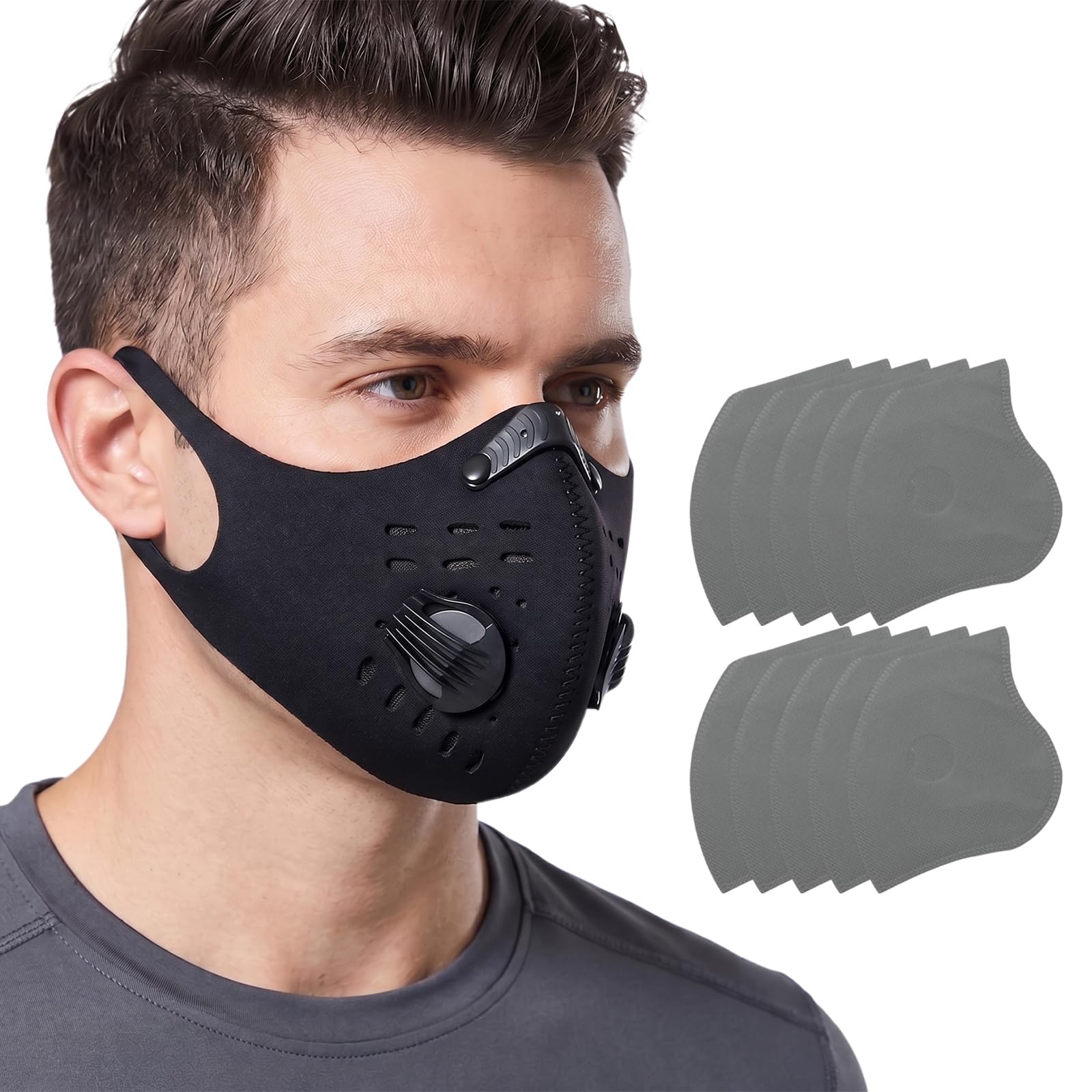 Xazuninsu Black Face Mask Washable Dust Mask with 10pcs Additional Filter, Reusable Fabric Face Masks for Cycling, Outdoor Activities
