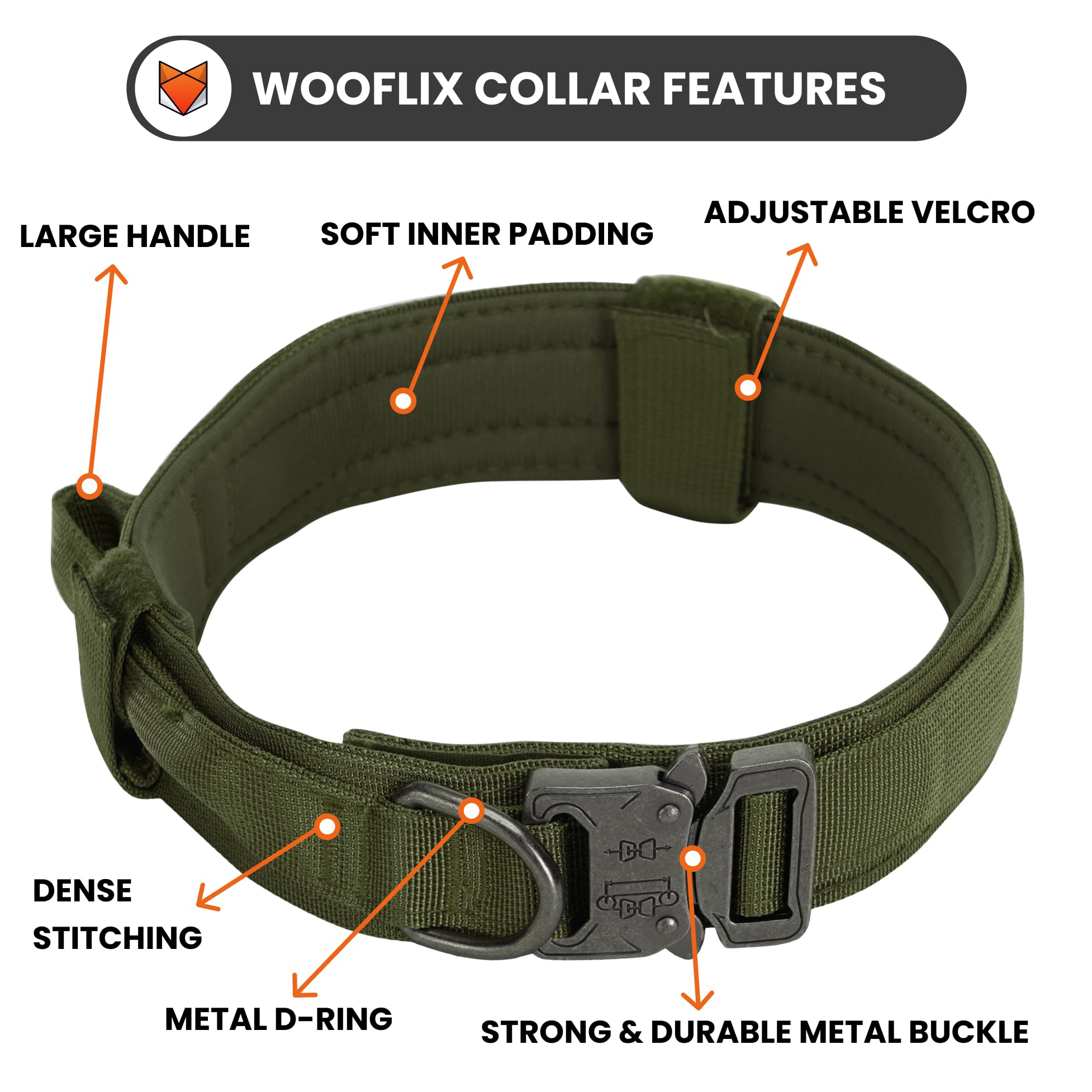 Wooflix Metal Dog Collar for Training and Walks | Nylon Collar with Tactical Metal Buckle and D-Ring for Medium and Large Dogs | Dog Collar for Heavy Breed Dogs (Army Green, Medium) 4