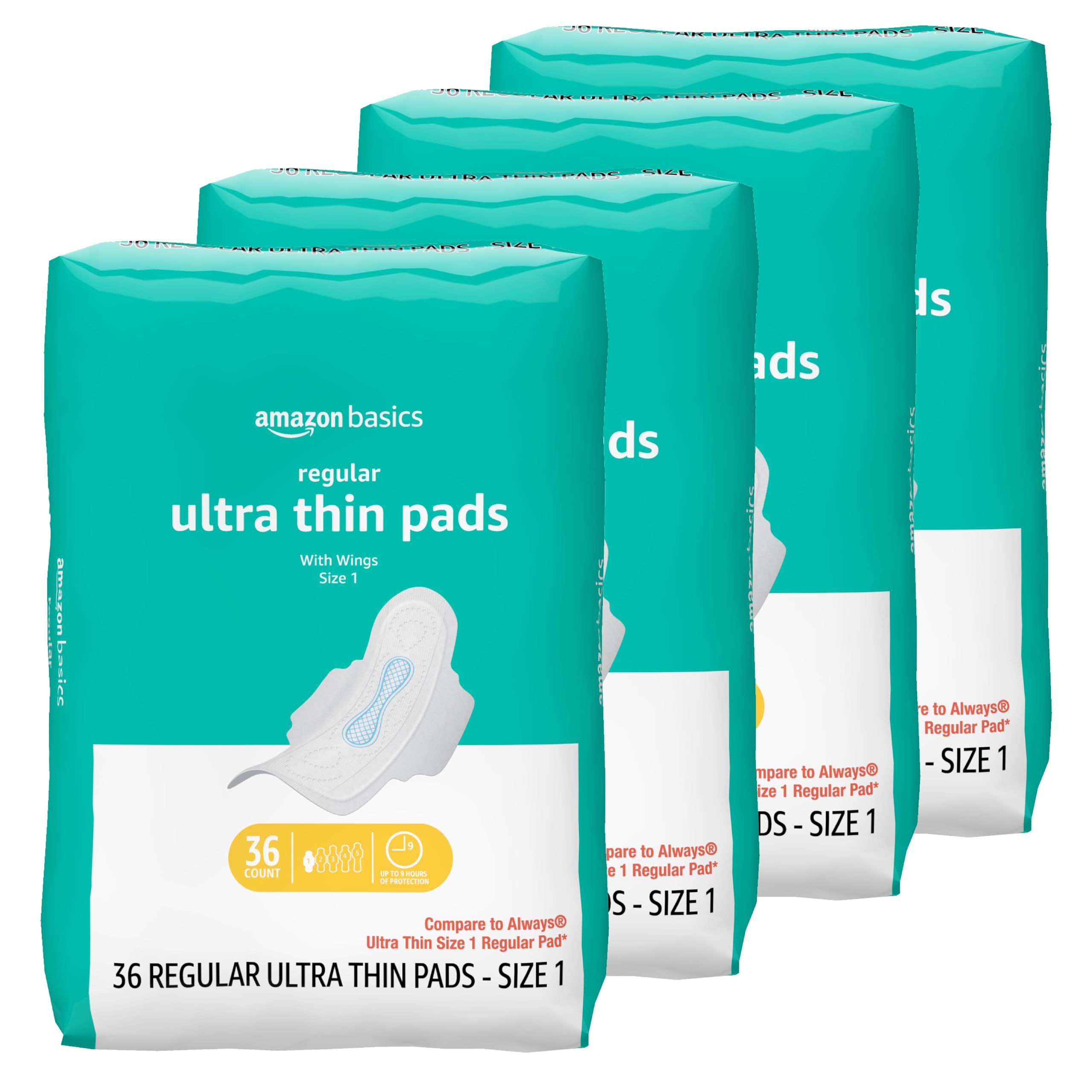 Amazon Basics Regular Absorbency Pads for Women, Ultra Thin with Flexi-Wings, Unscented, Size 1, 144 Count, (4 Packs of 36) (Previously Solimo)