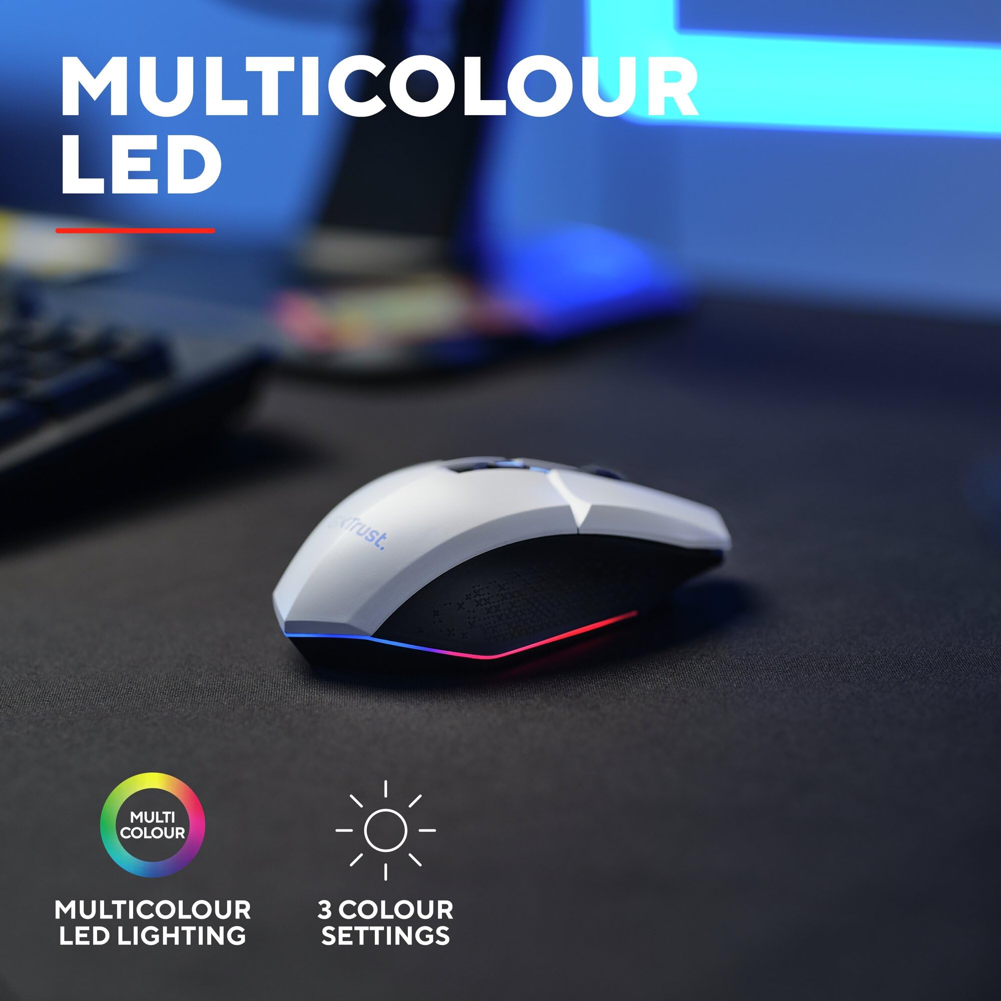 GXTrust Vylax bezprzewodowa mysz gamingowa, akumulator 80 godzin, biała | 800-4800 DPI, podświetlenie LED, 6 przycisków, odbiornik USB, myszka do gier PC komputer laptop Windows