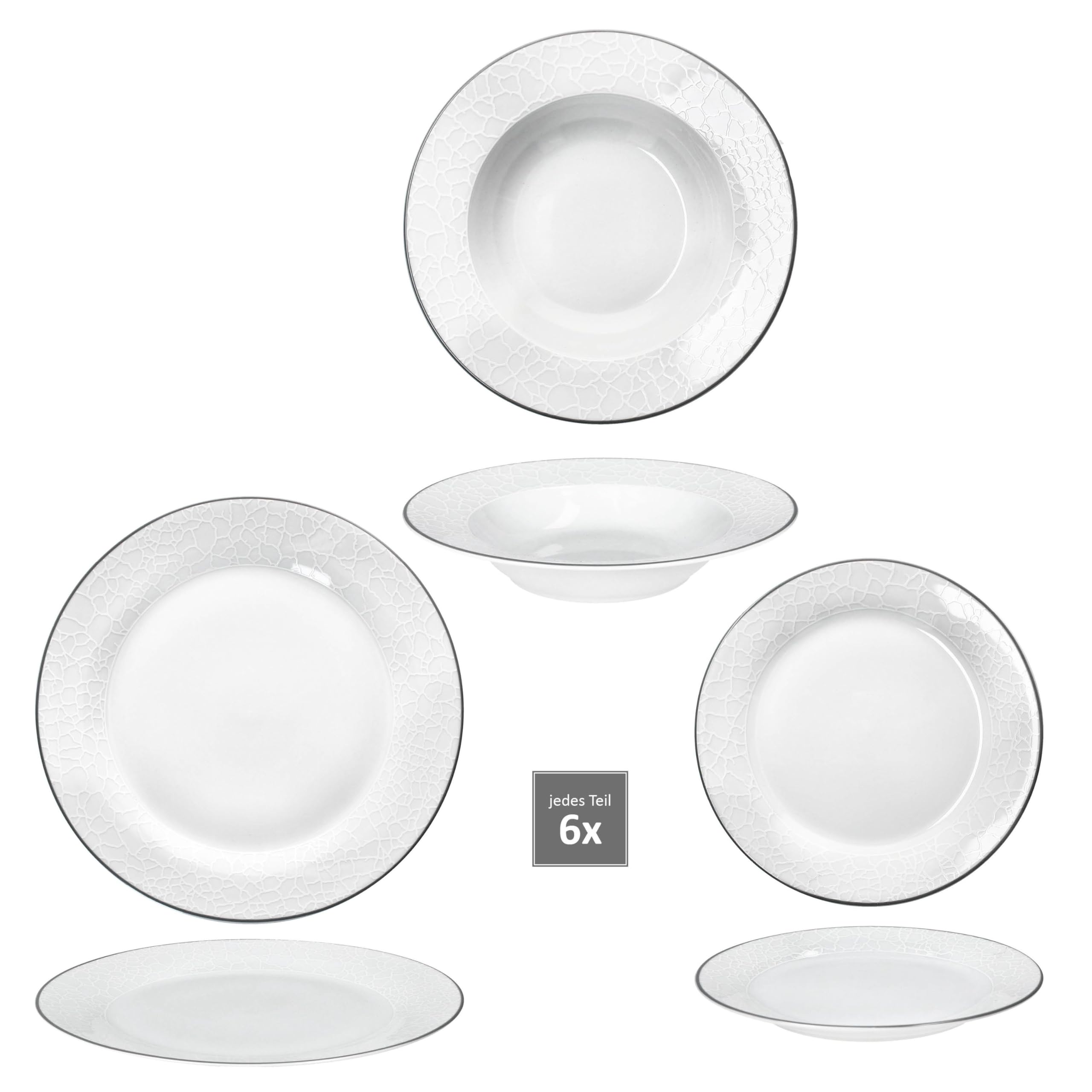 MamboCat Venedig 18tlg Tellerset I weißes Porzellan Geschirr für 6 Personen I je 6x Speiseteller, Suppenteller 180ml & Kuchenteller I Relief in Kieselstein-Optik