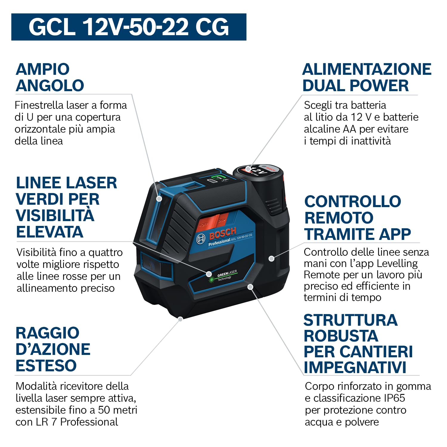 Bosch Professional Laser combinato GCL 12V-50-22 CG (raggio d'azione fino a 50 m con ricevitore, Dual Power, Levelling Remote, attacco RM 20, adattatore batteria, 4x LR6 da 1,5 V (AA), custodia)
