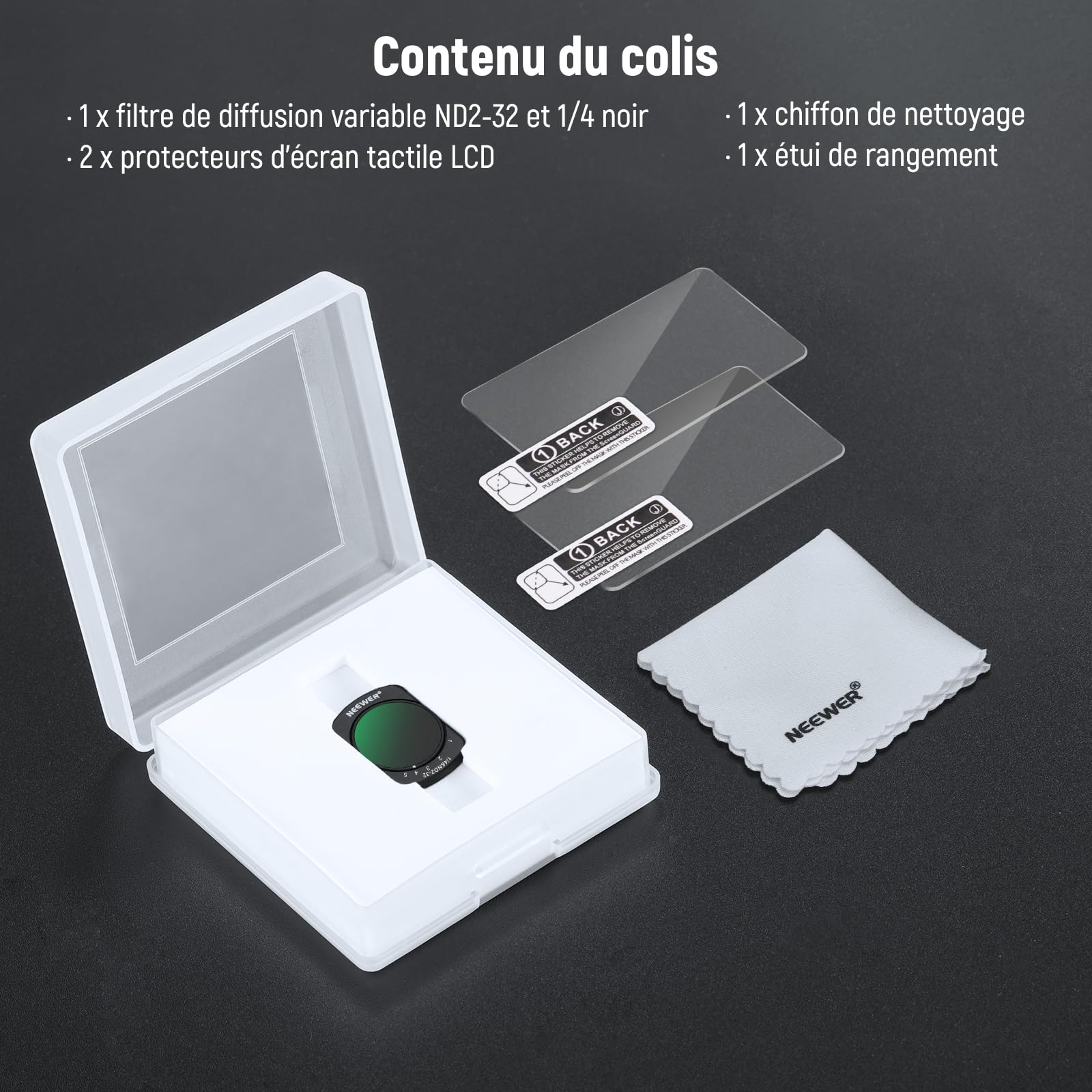 NEEWER Filtre ND Variable et Filtre à Effet de Diffusion Noir 1/4 Compatible avec DJI Osmo Pocket 4 et Pocket 3 Creator Combo, kit de filtres magnétiques pour Objectif ND2-32,2 Protections d'écran