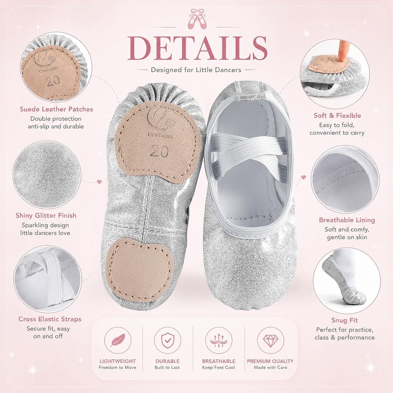 Błyszczące dziewczęce buty baletowe, baletki, baleriny, buty do tańca, występu, gimnastyki