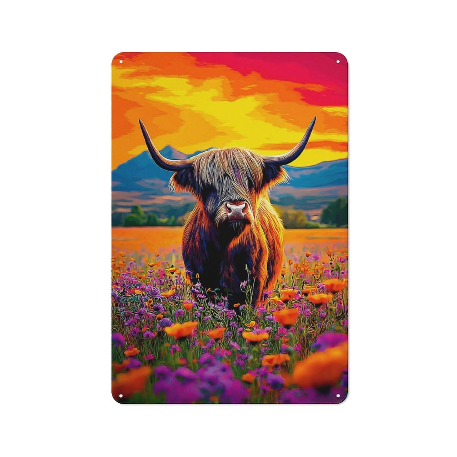 Junmoney Highland Cow In A Field Of Flowers Vintage Bistro Metal Sign 30X20cm, Bistro Wall Plaque For Takeaway, Bar, Kitchen Or Counter Area