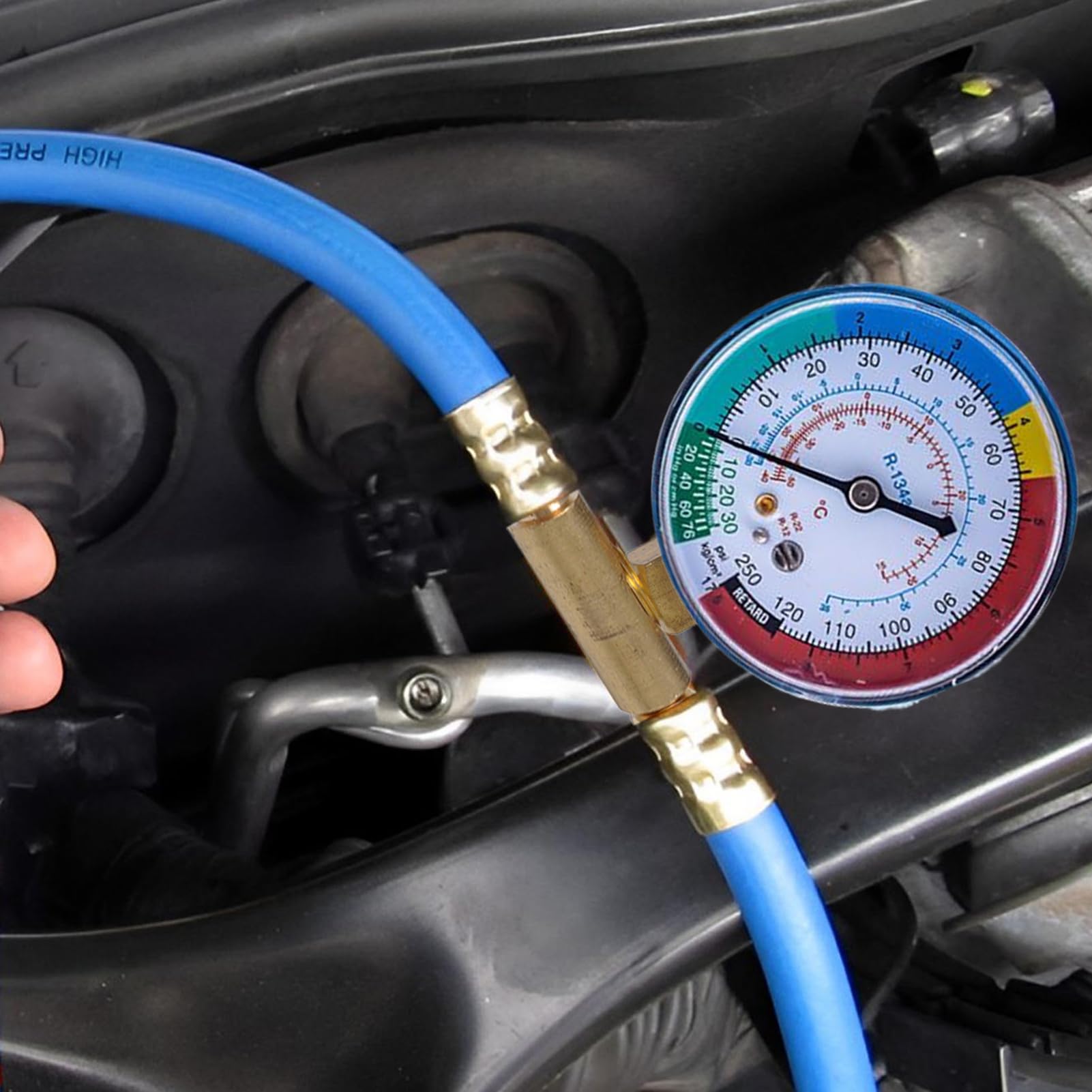 Tubo di ricarica CA con manometro, tubo refrigerante AC, con manometro, tubo refrigerante anti-riflusso, per rilevamento perdite, riparazione auto, HVAC commerciale frigorifero