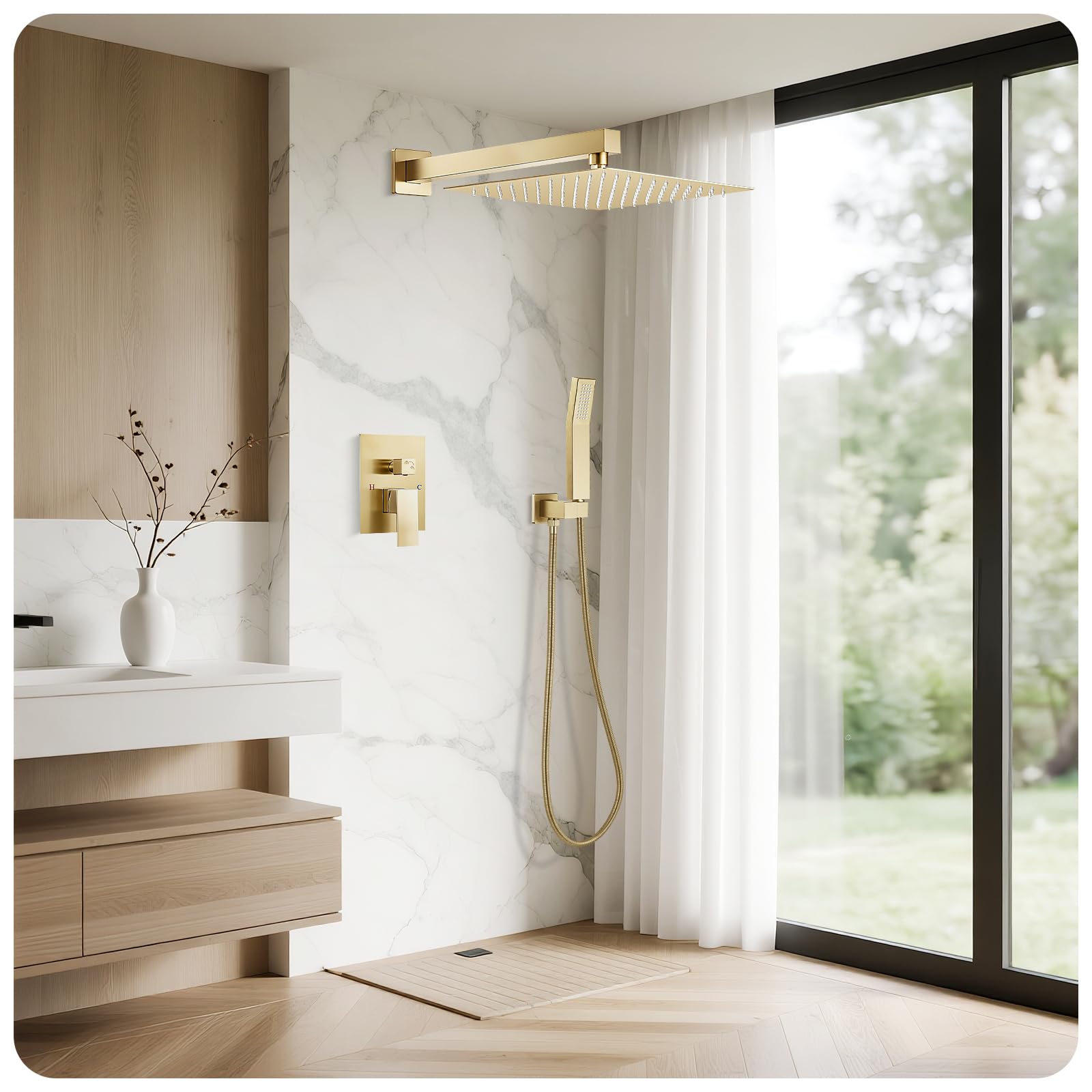 Gold Shower Faucet Set, 10 inch Rain Shower System with Pressure Balance Valve, Wall Mounted 2-Functions Bathroom Shower Systems with Rain Shower and Handheld Spray Shower Trim Included: 10 Inch Brushed Gold