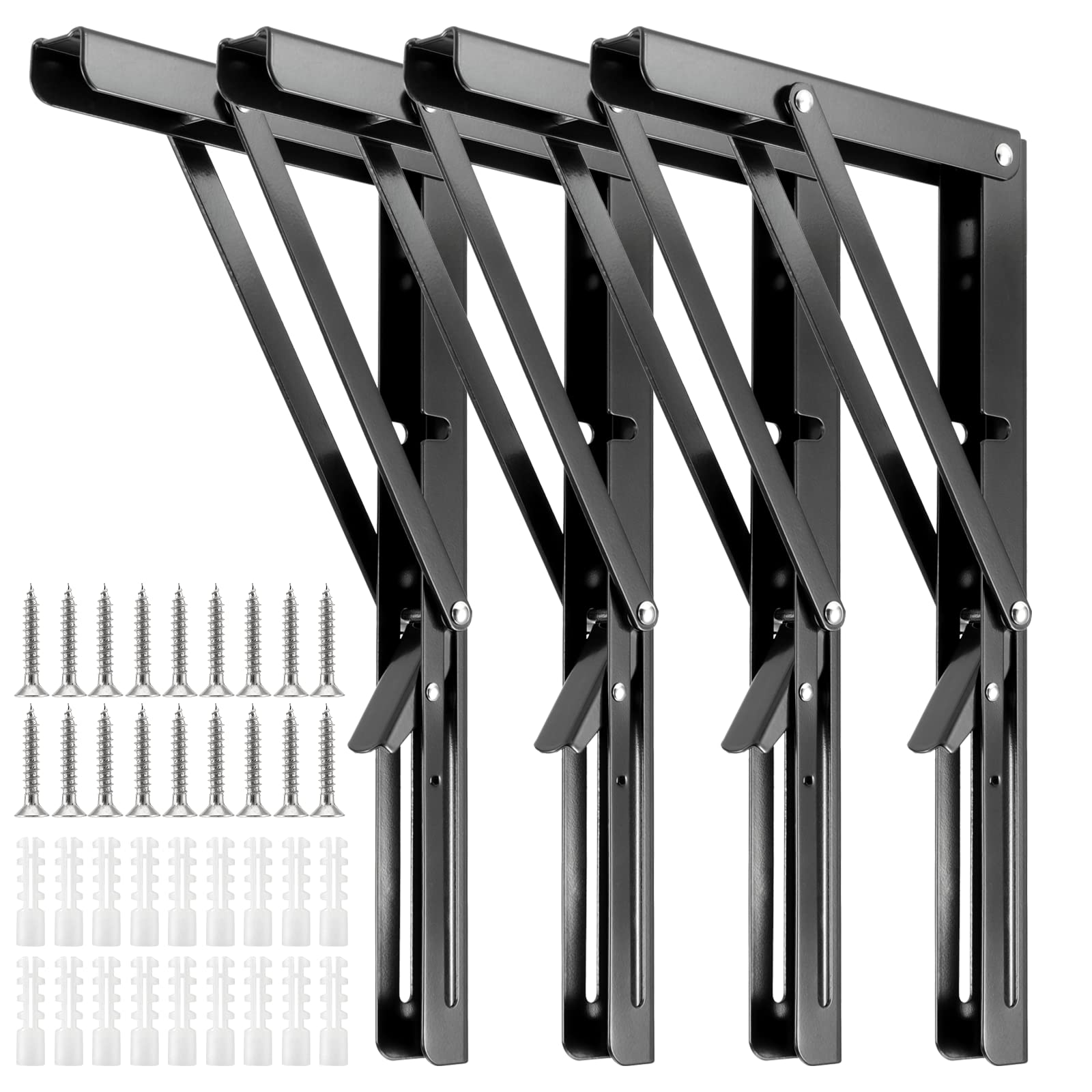 ZEONHAK 4 Pack 12 Inches Black Folding Shelf Brackets, 30cm Shelf Support Bracket Hinge, Max Load 132 lbs