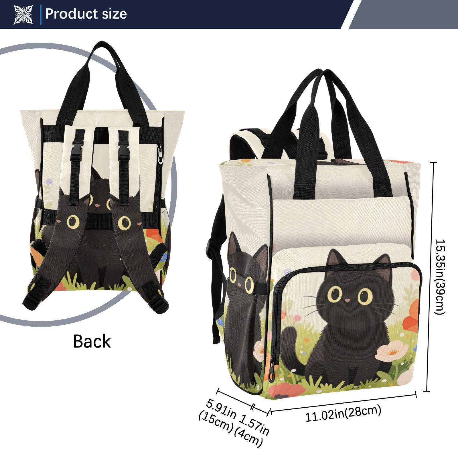 Baby Essentials torba na pieluchy czarny kot kwiaty