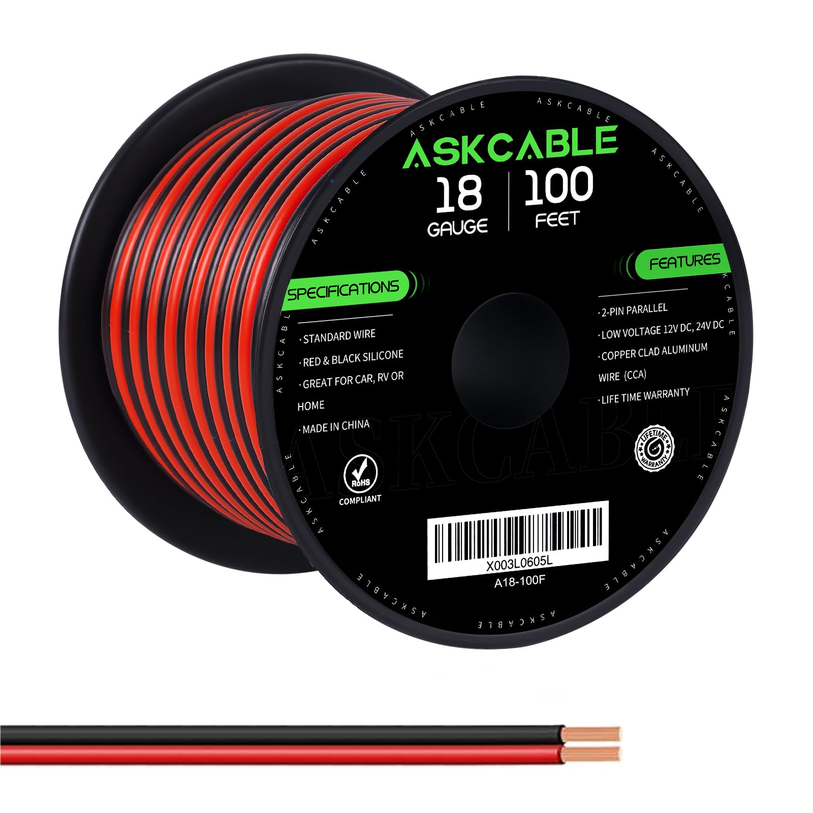 18 Gauge Wire, 18 AWG Electrical Wire Cable, 2 Conductors Red Black Wire, Copper Clad Aluminum(CCA) Flexible PVC Extension Cord for Speaker, Hookup LED Strips, Automotive 12V/24V DC (100FT)