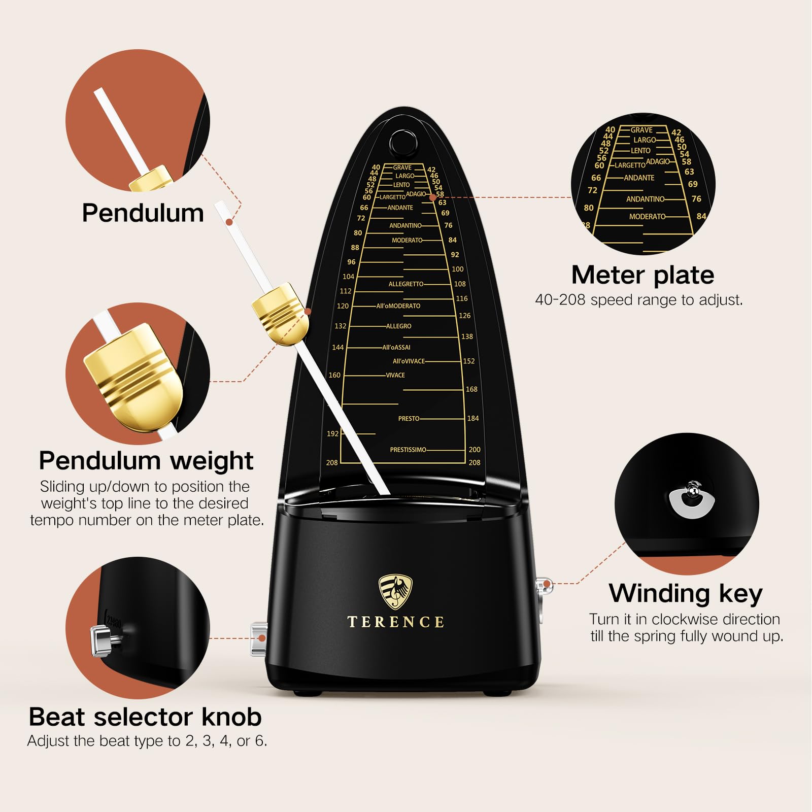 TERENCE Metronome Metronomo meccanico ad alta precisione con campana accentata, tempo preciso, durevole per pianoforte, violino, batteria, basso, chitarra, adatto come regalo, nero
