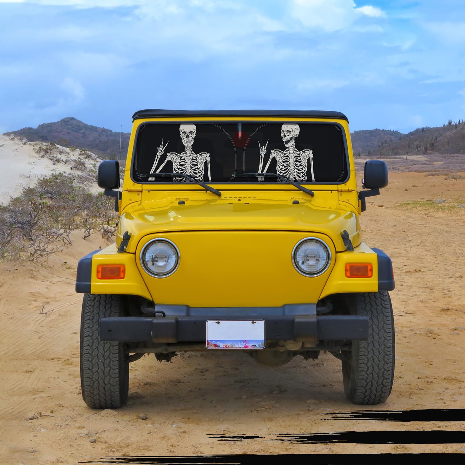 DaisyInner Parasol para parabrisas compatible con Jeep JK JKU JL JLU 1997-2023 y compatible con JT 2020-2023, visera plegable que bloquea los rayos UV (negro blanco, esqueleto)