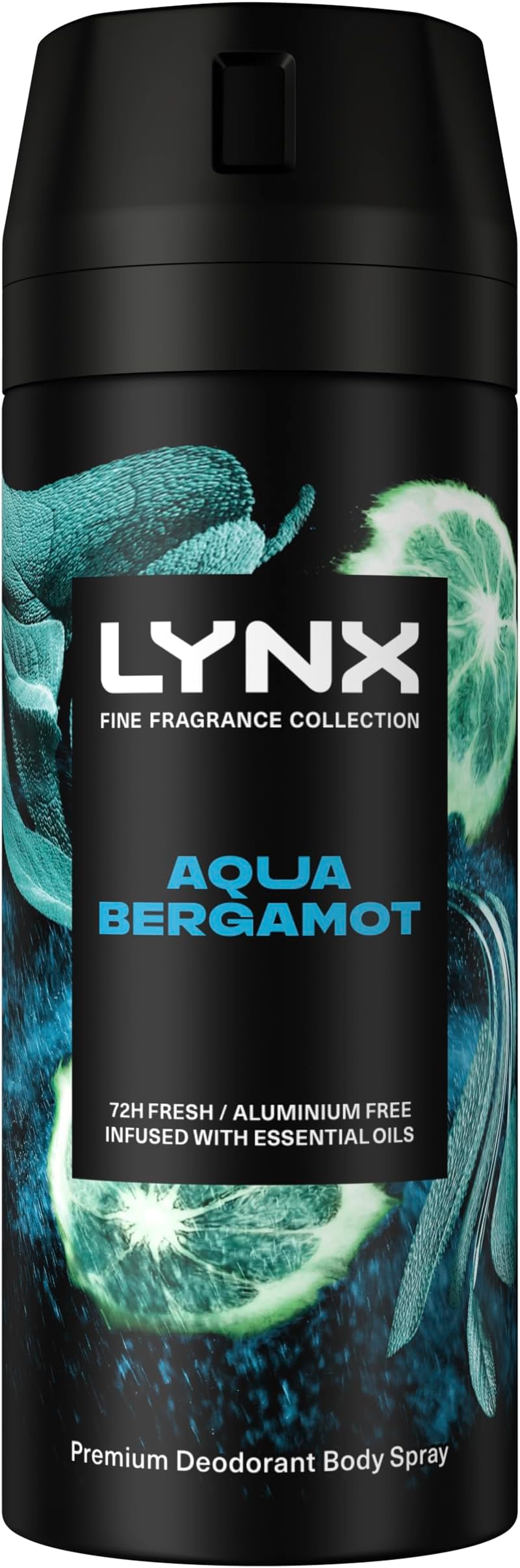 Lynx Fine Fragrance Collection Aqua Bergamot Premium Body Spray Men's Deodorant infused with bergamot, sage, & juniper essential oils for 72 hours of freshness 150 ml