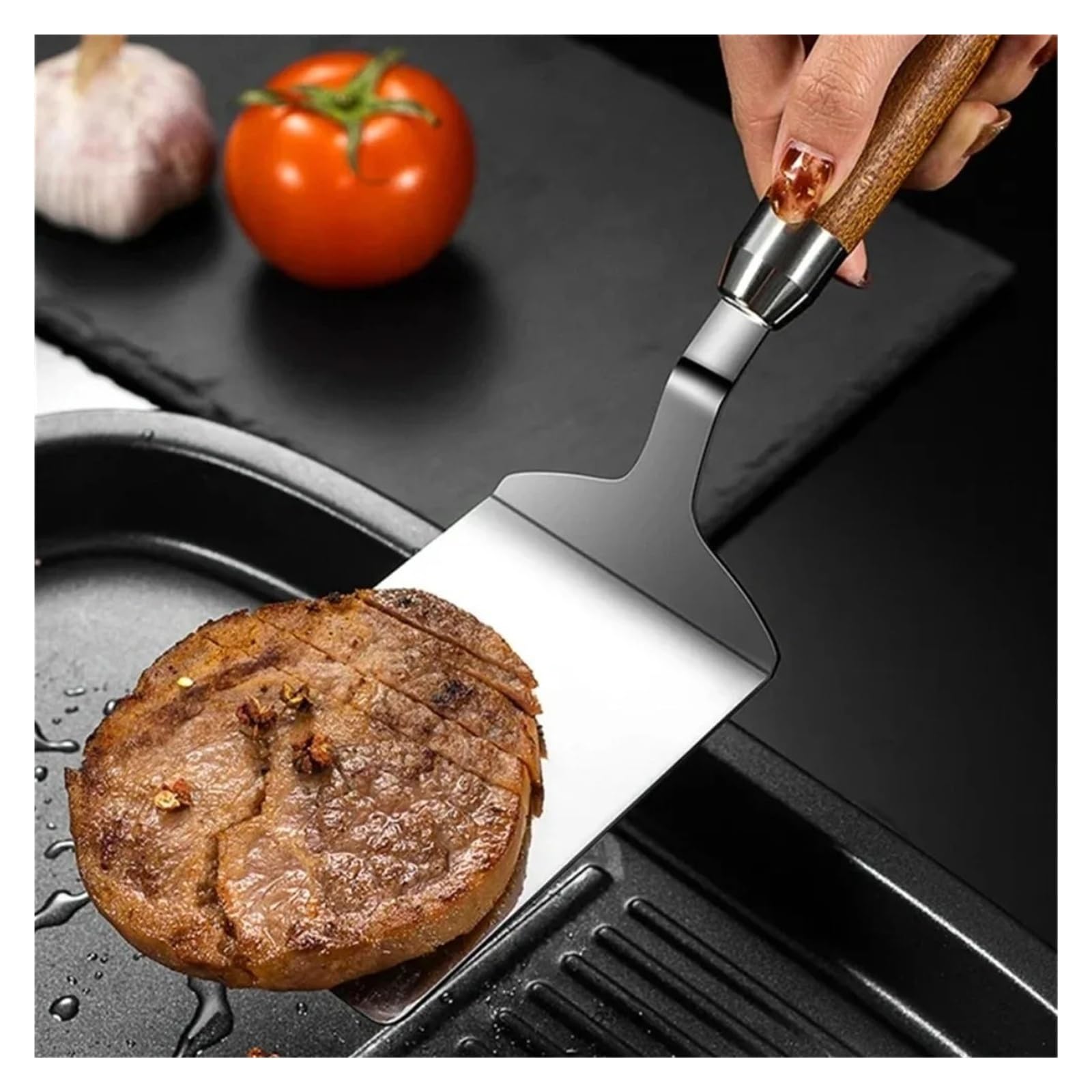 Espátula de acero inoxidable con mango madera, plancha for carne for barbacoa, pastel pescado, hamburguesa