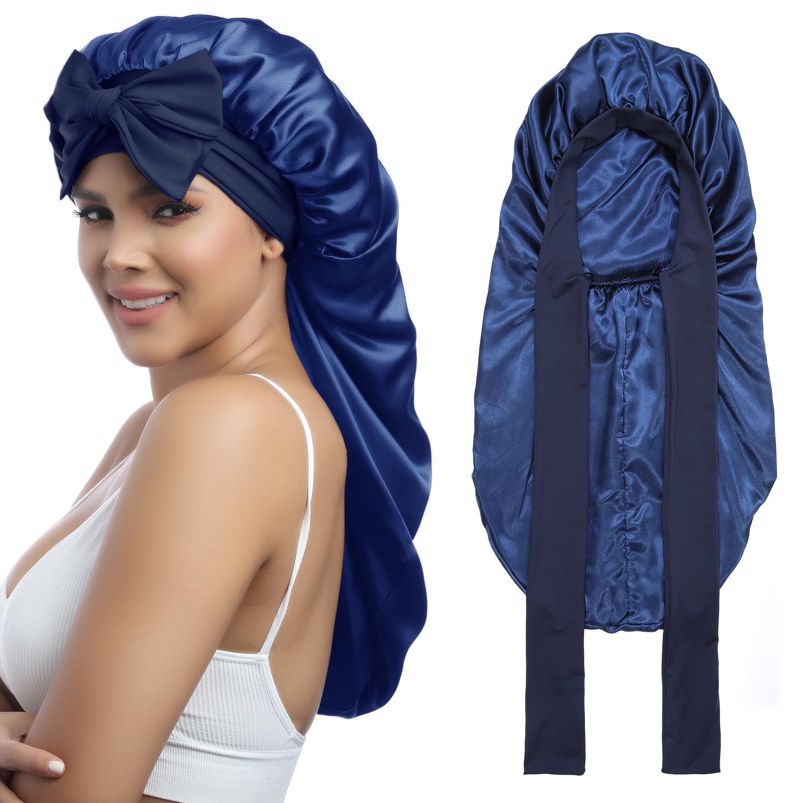 AWAYTR Long Satin Bonnet for Women - Double Layer Elastic Silk Bonnet for Braids Hair Sleeping Cap with Tie Band, Navy Blue, One Size