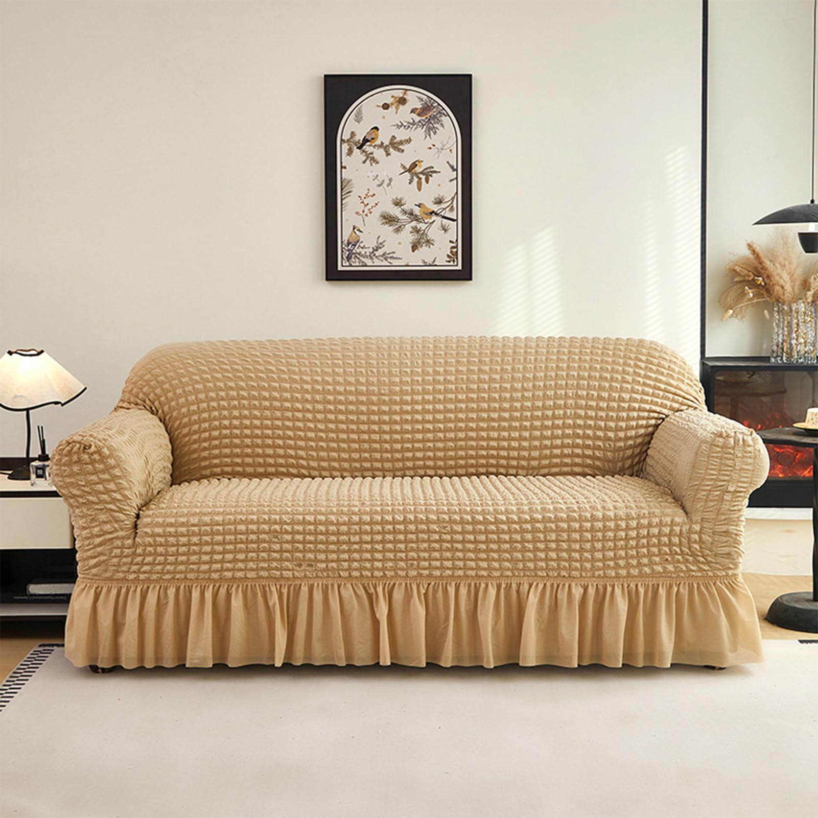 Housse de canapé extensible 3 places beige pour un salon chaleureux et accueillant en famille