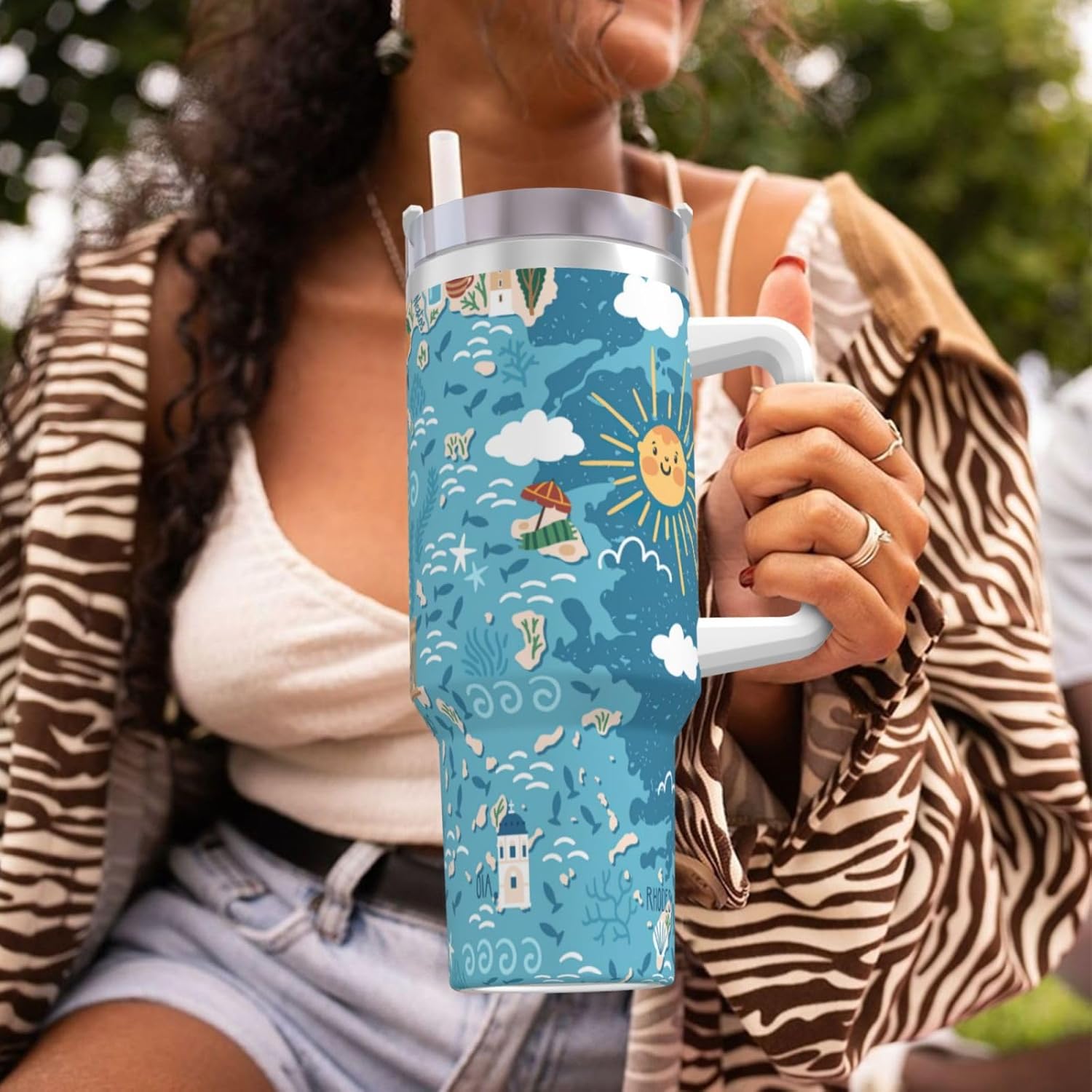 40 OZ Greece Map Print Ice Bully Cup with Handle Straw Lid Straw,Stainless Steel Tumbler Coffee Cup