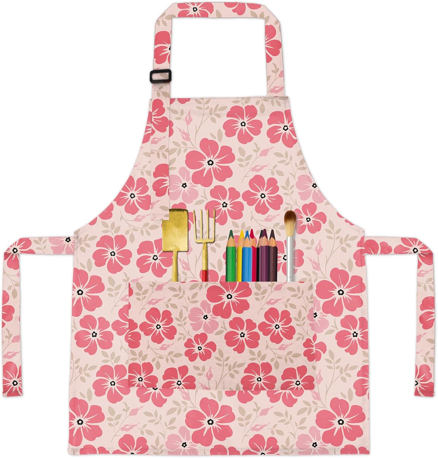 BeeGreen Flower Kids Apron - Adjustable Strap & Front Pocket for Girls Toddlers, Toddler Painting Baking Artist Craft Wear, Washable Foldable Lightweight