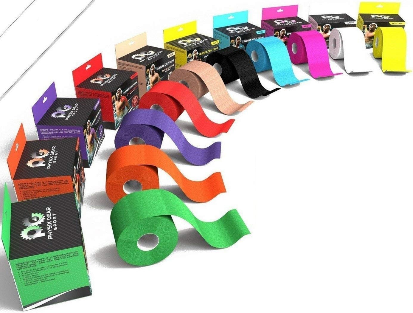 Physix Gear Sport Kinesiology Tape Pro - Sports Tape for Injury, Pregnancy, Knee, Joint, Swelling, Strains - Waterproof Athletic Tape for Muscle Support & Improved Blood Circulation (with e-Guide)