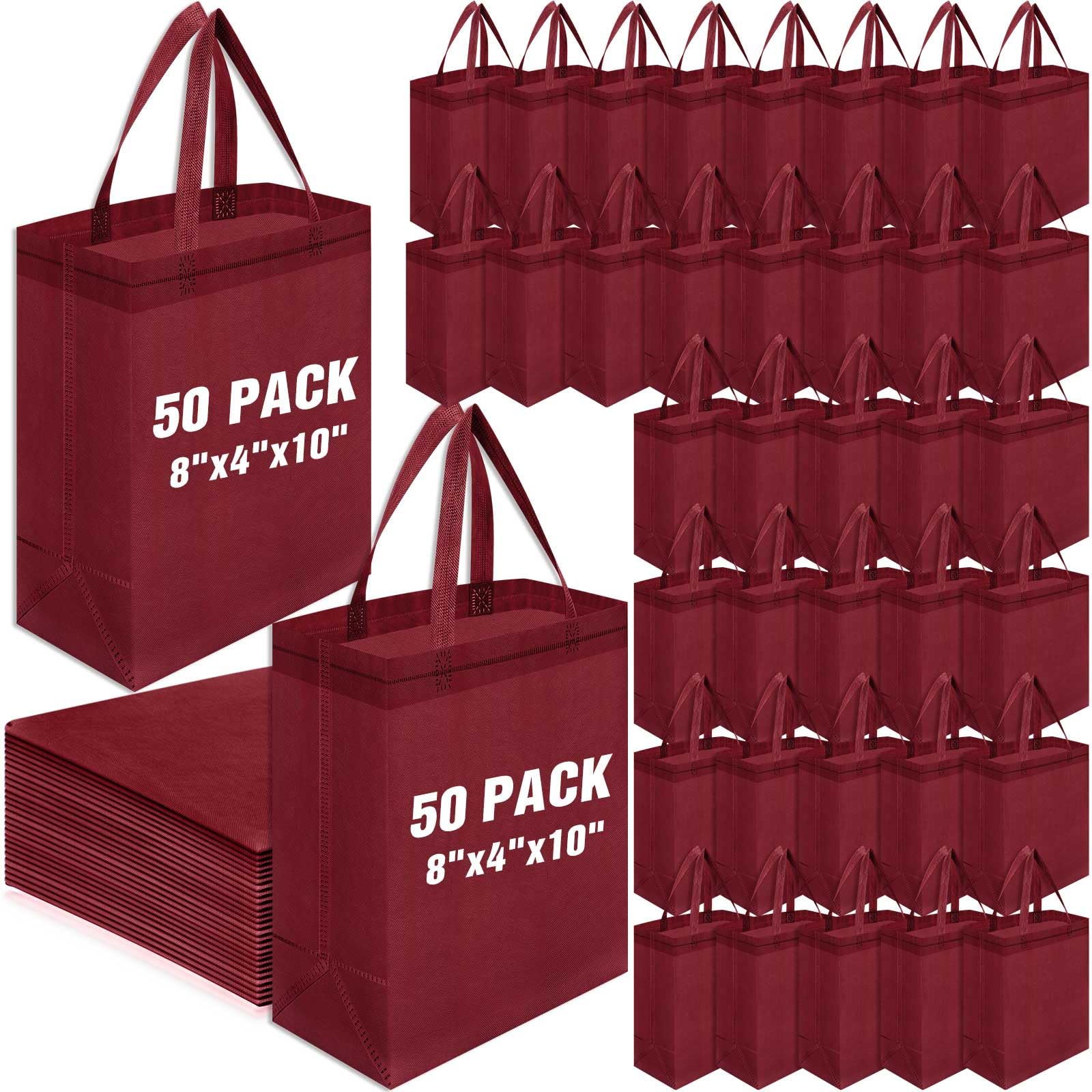 Windyun 50 Pcs Reusable Tote Bag Bulk 8 x 4 x 10 Inch Non Woven Shopping Bag with Handle Christmas Reusable Grocery Gift Tote (Wine Red)