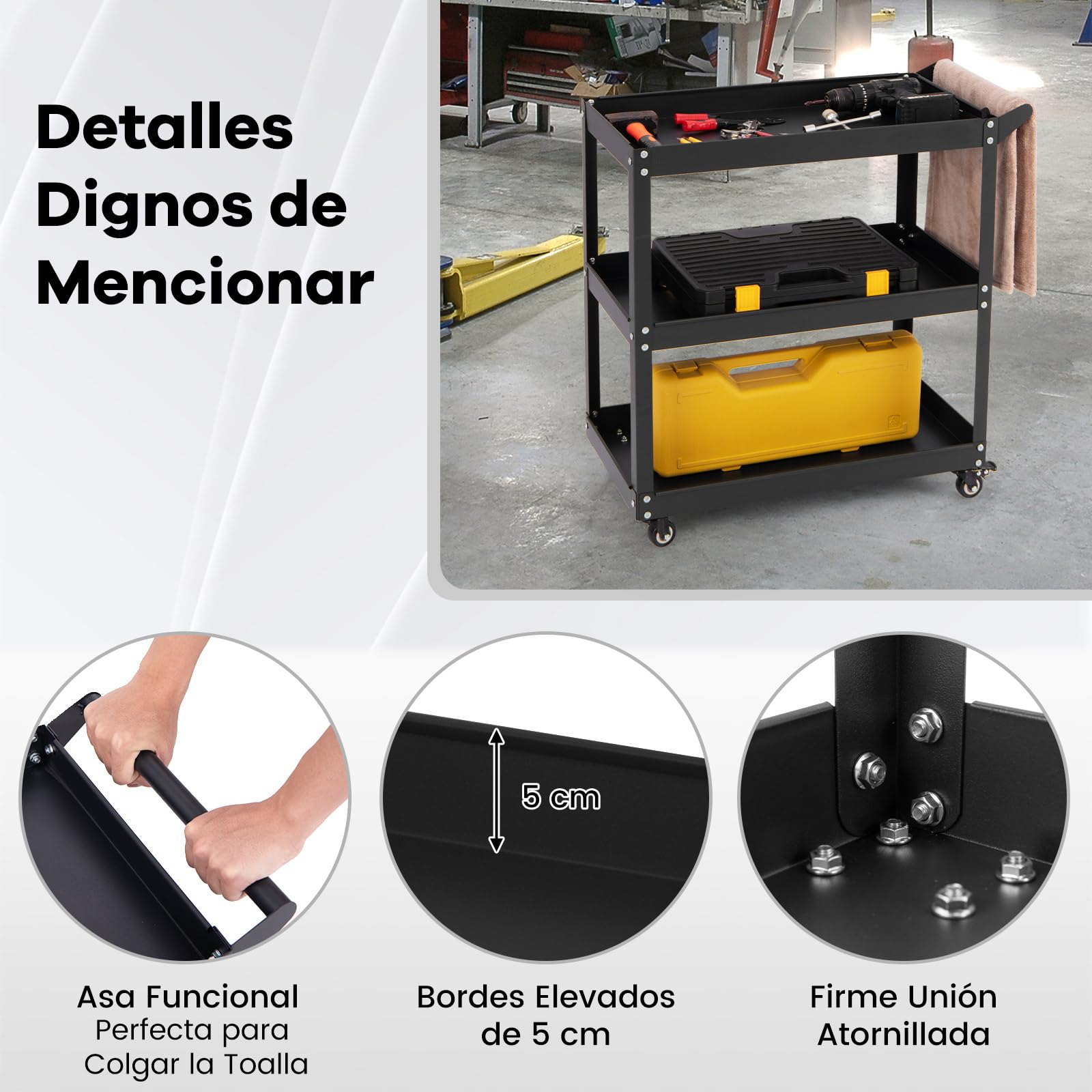 GYMAX Carro de Herramientas con 3 Niveles, Carro de Taller con Estantes de Almacenamiento, Asa y 4 Ruedas, 2 Bloqueables, Carga 120 kg, Carrinho Ferrramentas para Garaje Mecánico Hogar (Negro)