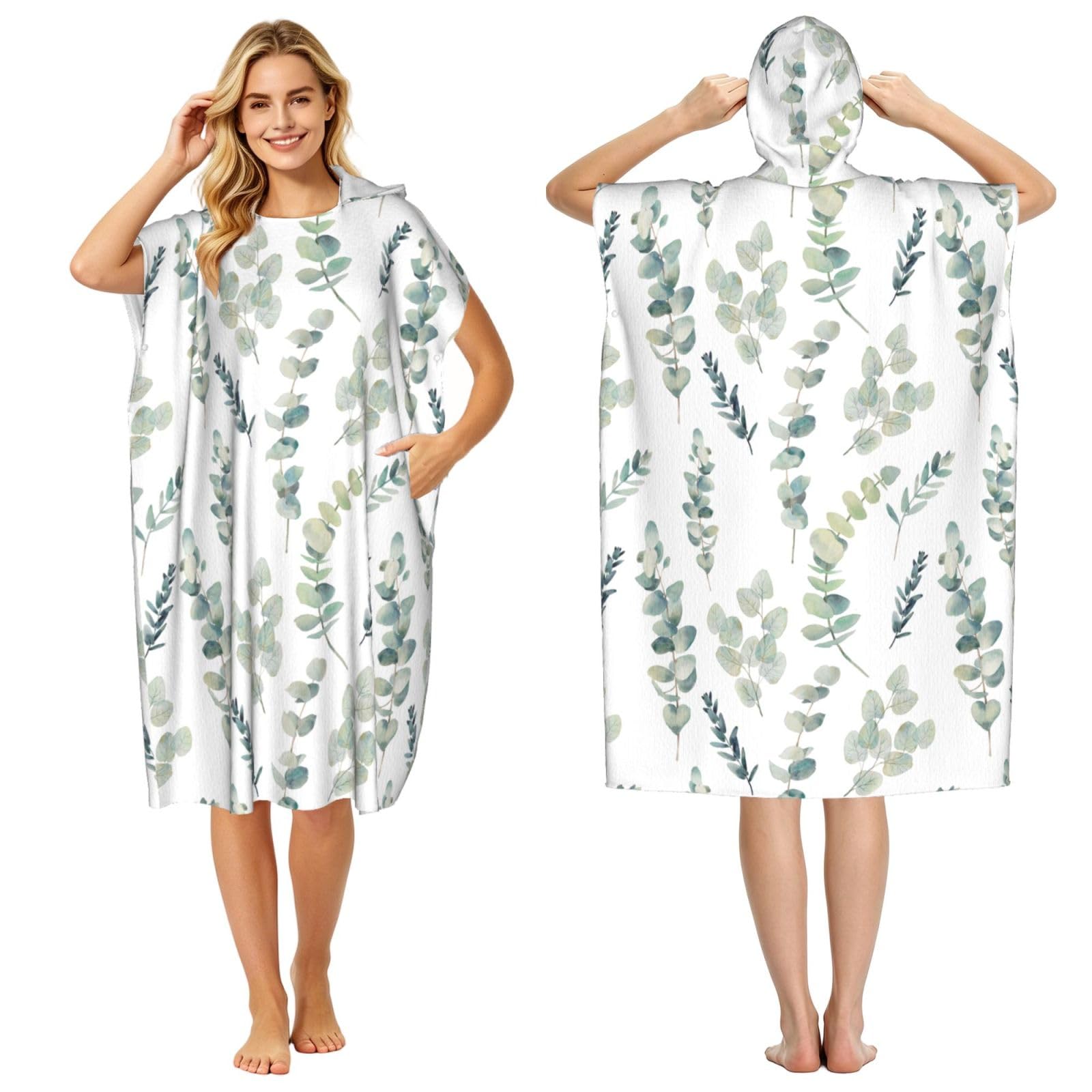 Poadnly White Natural Greenery Twig Printed, Adult Hooded Beach Towel 90 x 110 cm,Changing Bath Robe, Surf Poncho Towel For Women Men