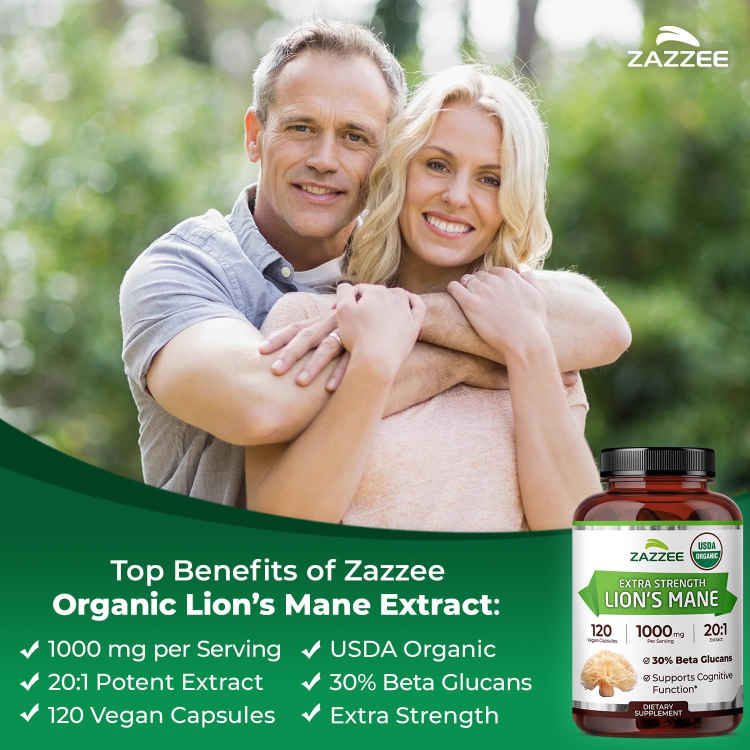 Zazzee USDA Organic Lion's Mane 20:1 Extract, 1000 mg Per Serving, 30% Beta Glucans, 120 Vegan Capsules, Nootropic for Brain Health, Focus, Memory & Immune Support, All-Natural, Non-GMO, Made in USA