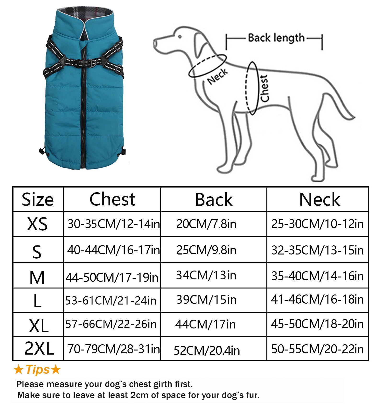 Abrigos y Chaquetas cálidos para Perros con arnés,Chaleco Reflectante Impermeable para Perros Mascotas, Ropa de Invierno para Perros con Correa en el Pecho,para Perros pequeños y medianos-Azul-XL