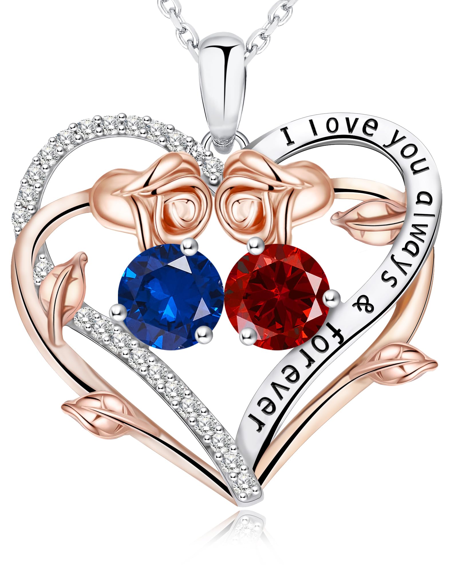 THECEROS Rose Heart Double Birthstone Necklaces, 925 Sterling Silver Jewelry, Wife Necklace from Husband
