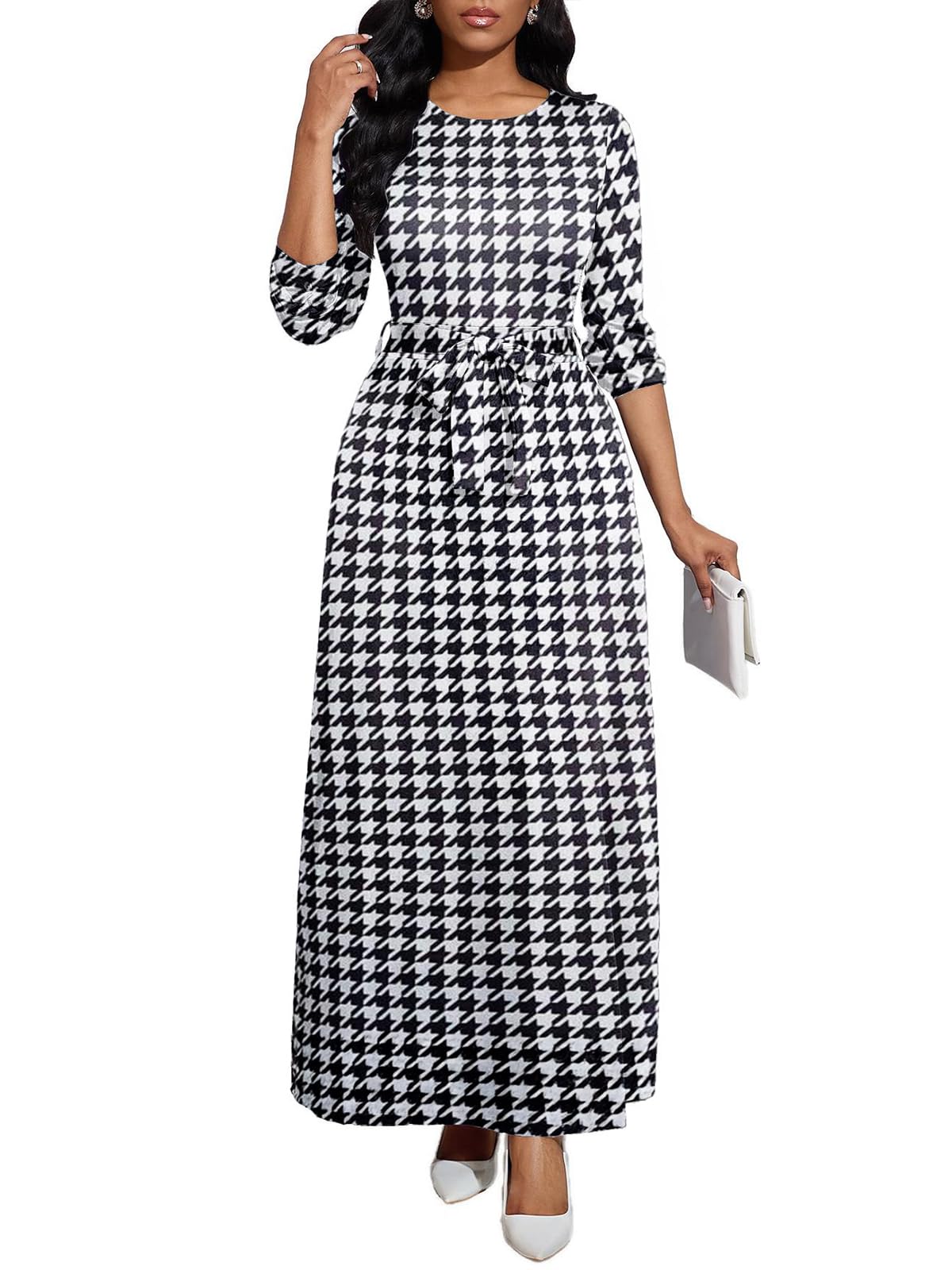 BubFee Long Dress for Women Casual Long Sleeve Dresses Maxi Dress Empire Waist Loose with Belt