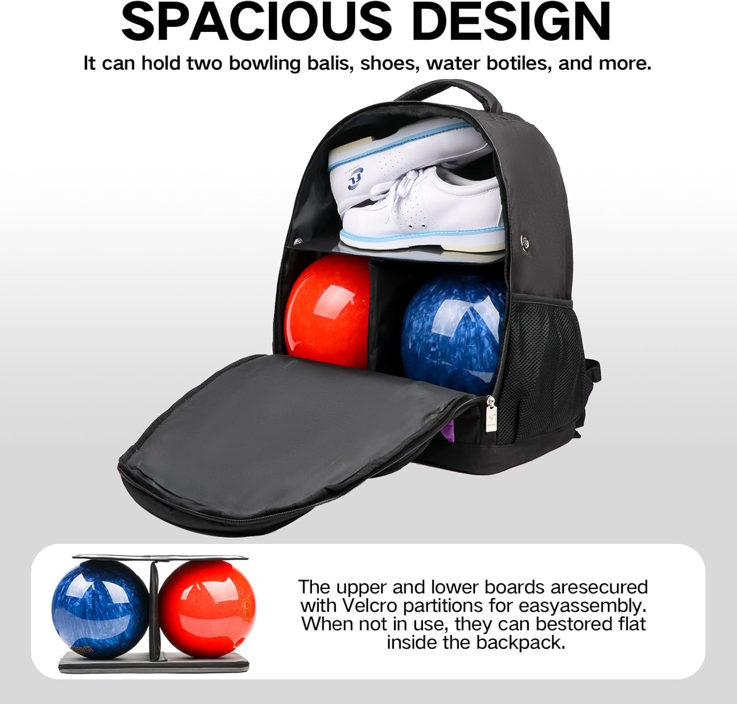 2 Ball Bowling Backpack, Holds Two Bowling Balls & Bowling Shoes Up to Men’s Size 15, Durable Bowling Bag with Multiple Accessory Pockets for Practice & League Play