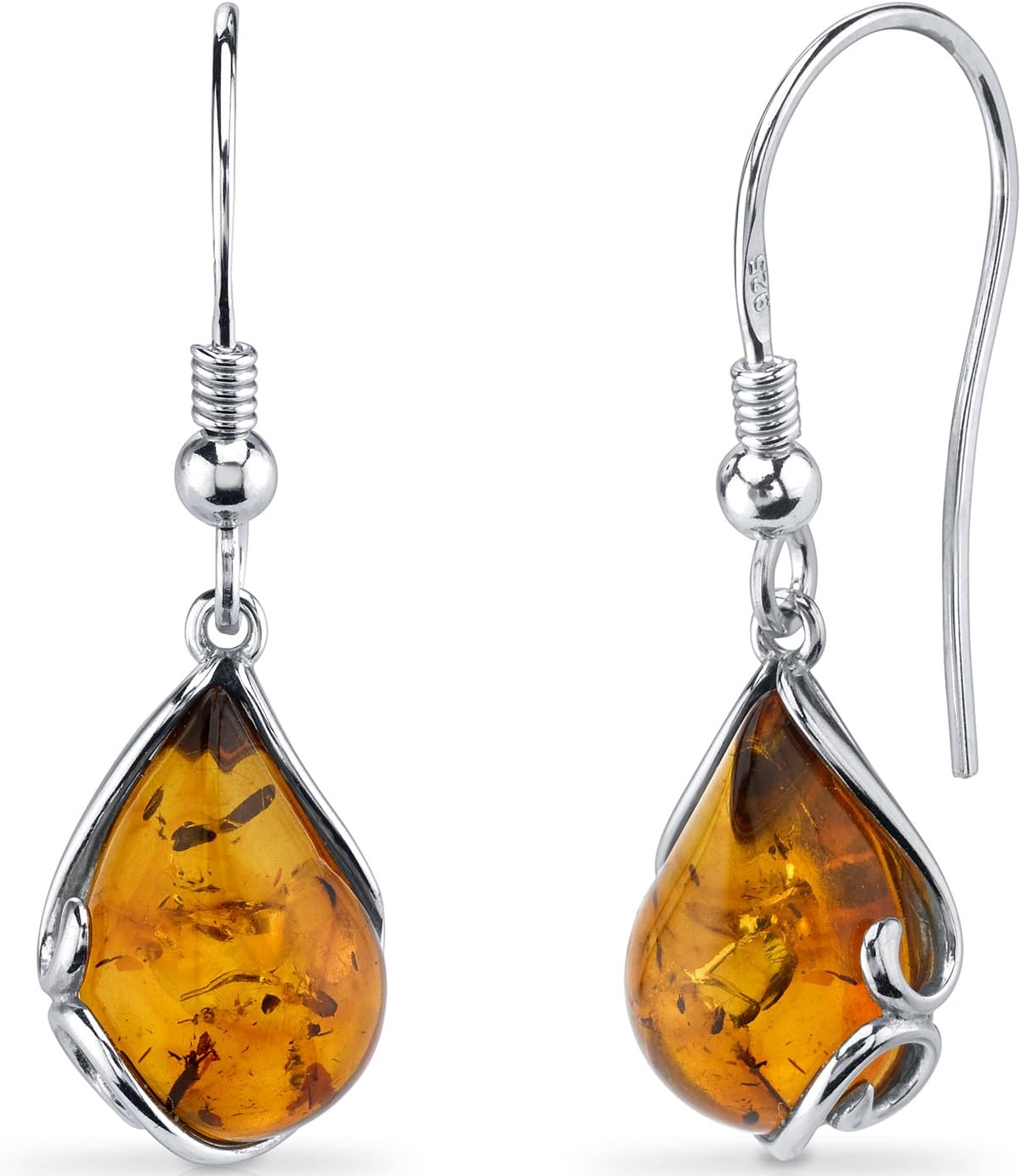 Peora Genuine Baltic Amber Teardrop Earrings for Women 925 Sterling Silver, Rich Cognac Color, Fishhooks, Real Baltic Amber Earrings for Adults, 100% Natural from Baltic Region, w/Jewelry Box