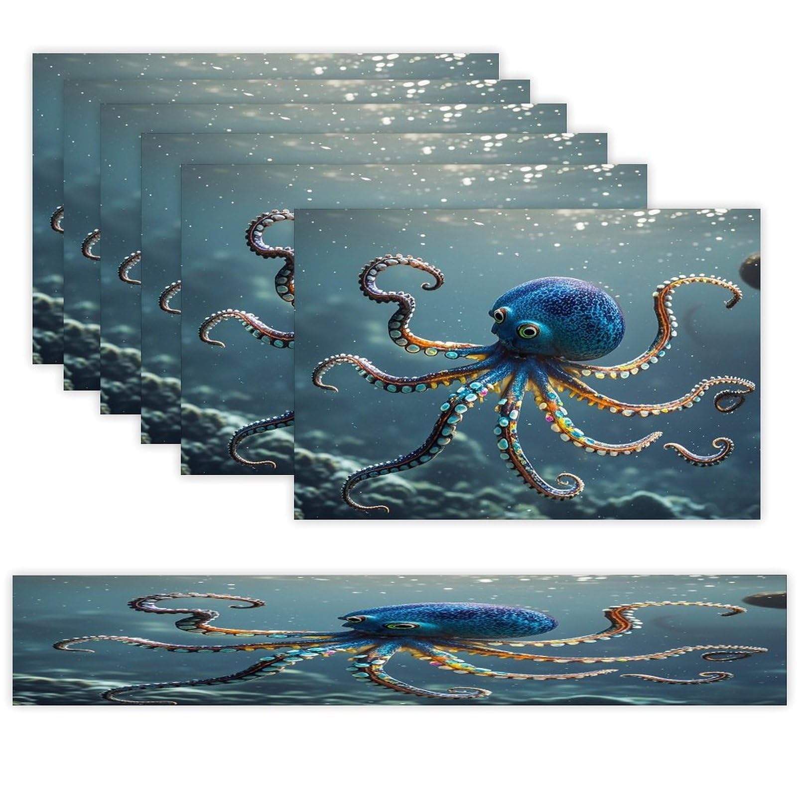 Octopus Table Runner and Placemats Set of 6 Heat Resistant Table Runner Place Mats Modern Cloth Table Mat Washable Linen Placemat Festive Reusable Set