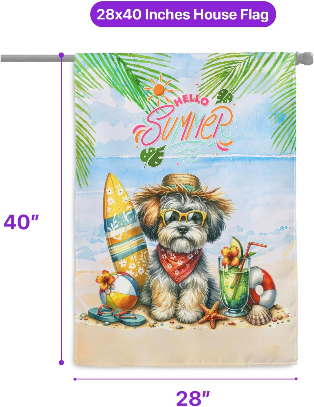 Havanese Hello Summer with Sunglasses and Surfboard Tropical Vibes House Flag 28x40in Double Sided Havanese Dog Lover Gifts Idea Outdoor Decor - 007