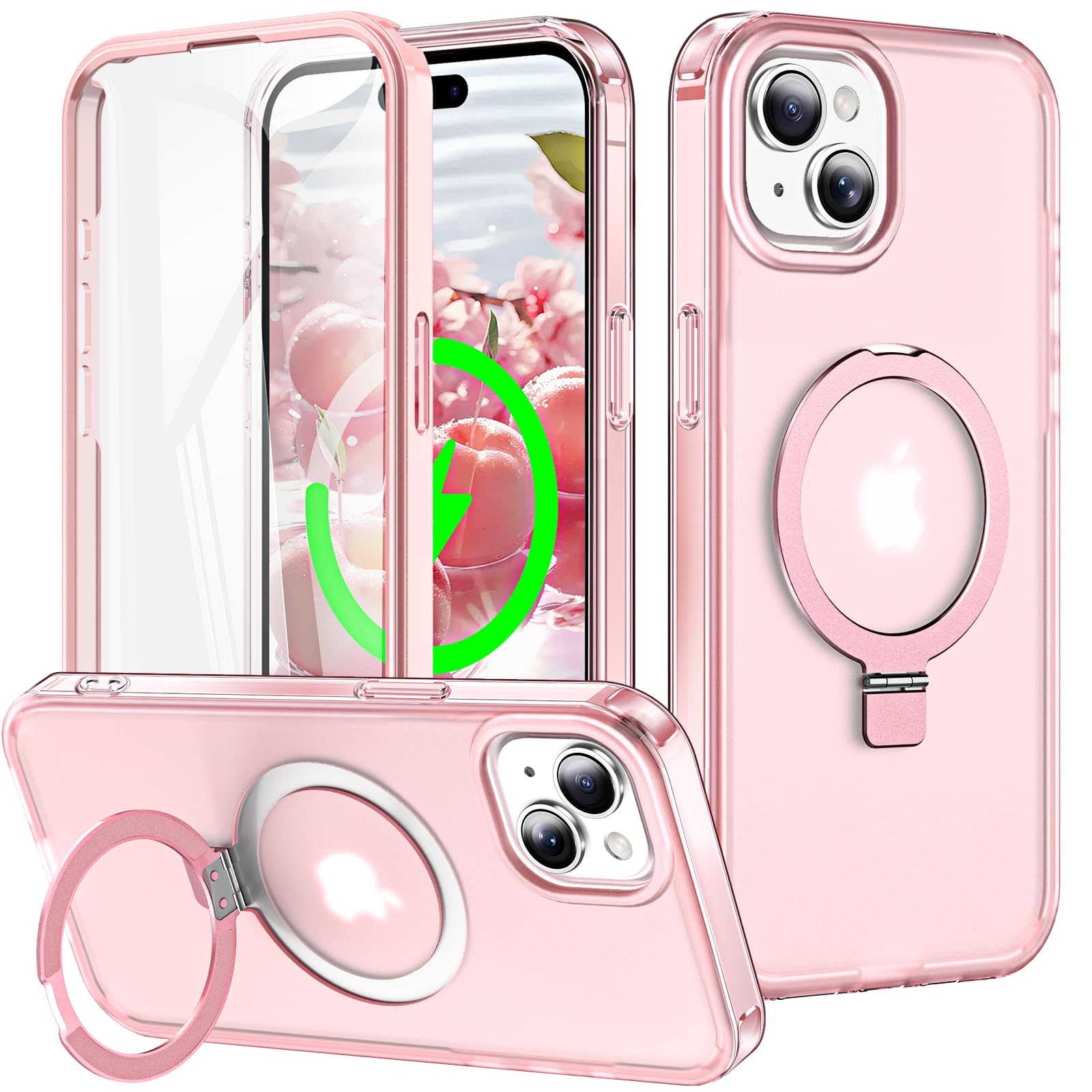 Turquiase for iPhone 15 Full Body Shockproof Case with Magnetic Invisible Stand [Compatible with MagSafe] Built-in Screen Protector Military Drop ProtectionTranslucent Phone Cover -Pink