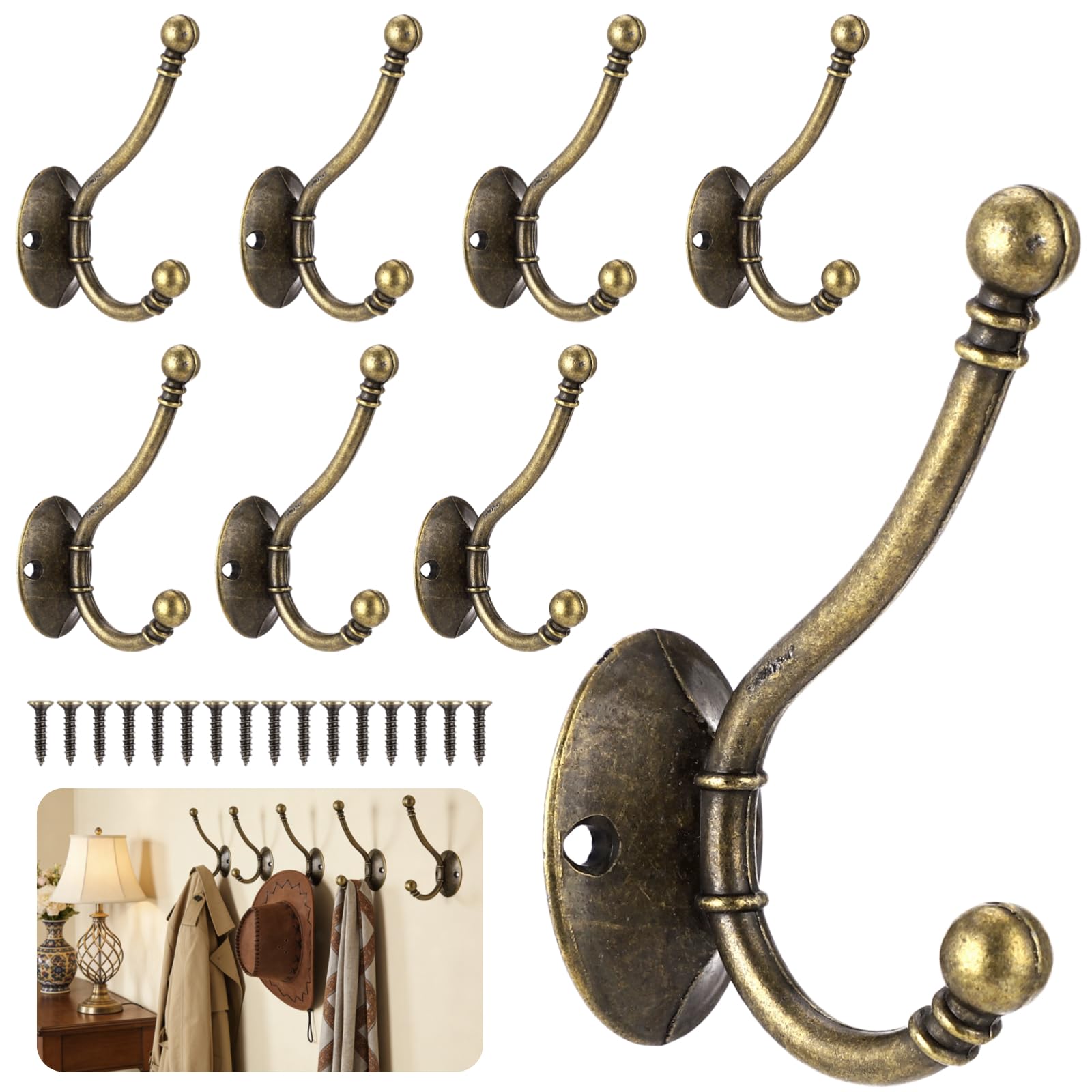 Calolin 8 Pcs Brass Coat Hooks, Vintage Wall Mounted Double Prong Robe Hooks, Sturdy Antique Design, 3.98 x 2.64 x 1.33 in, for Wooden Cabinet Doors, Bedroom, Bathroom & Entryway