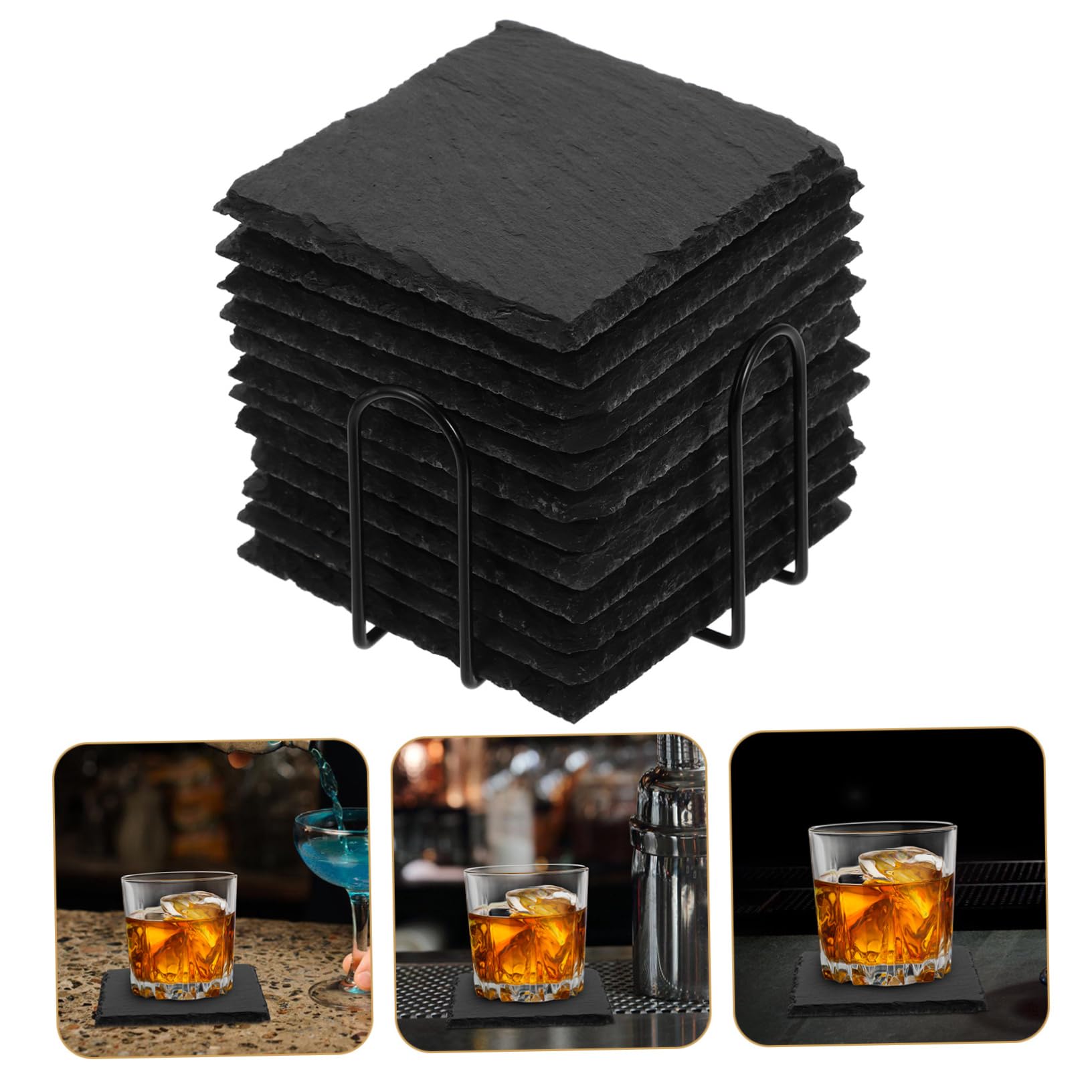 OUNONA Dessous de Verre Antidérapants et Résistants la Chaleur Lot de 12 Ronds en Ardoise Noire Style Japonerie pour Bar et Whisky