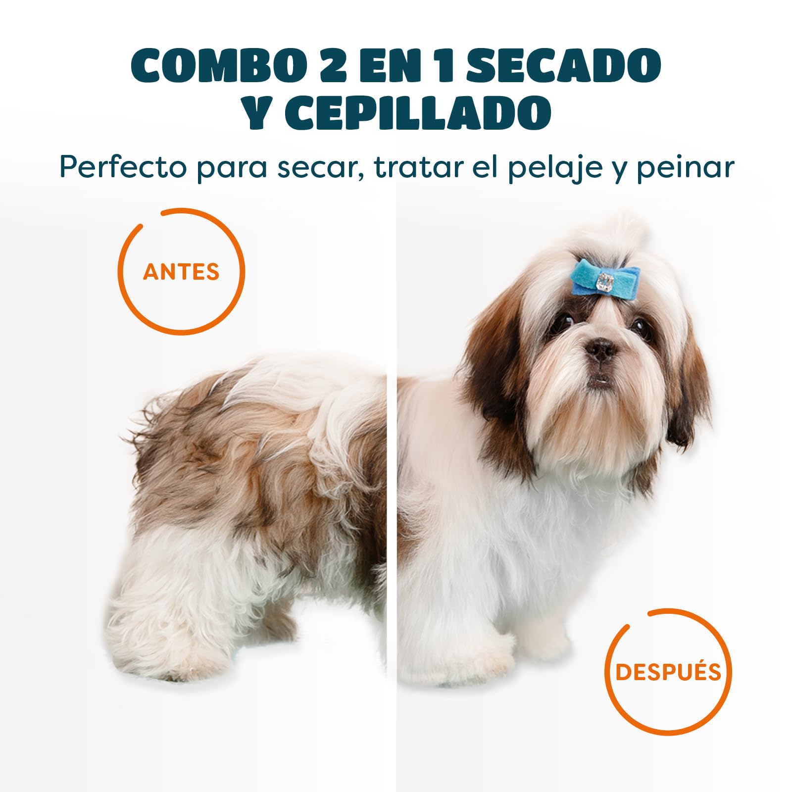 Secador de Pelo para Mascotas | Secador de Pelo Portátil y Silencioso 2 en 1 con un Cepillo Práctico | Temperatura Ajustable | para Perros y Gatos Pequeños y Medianos