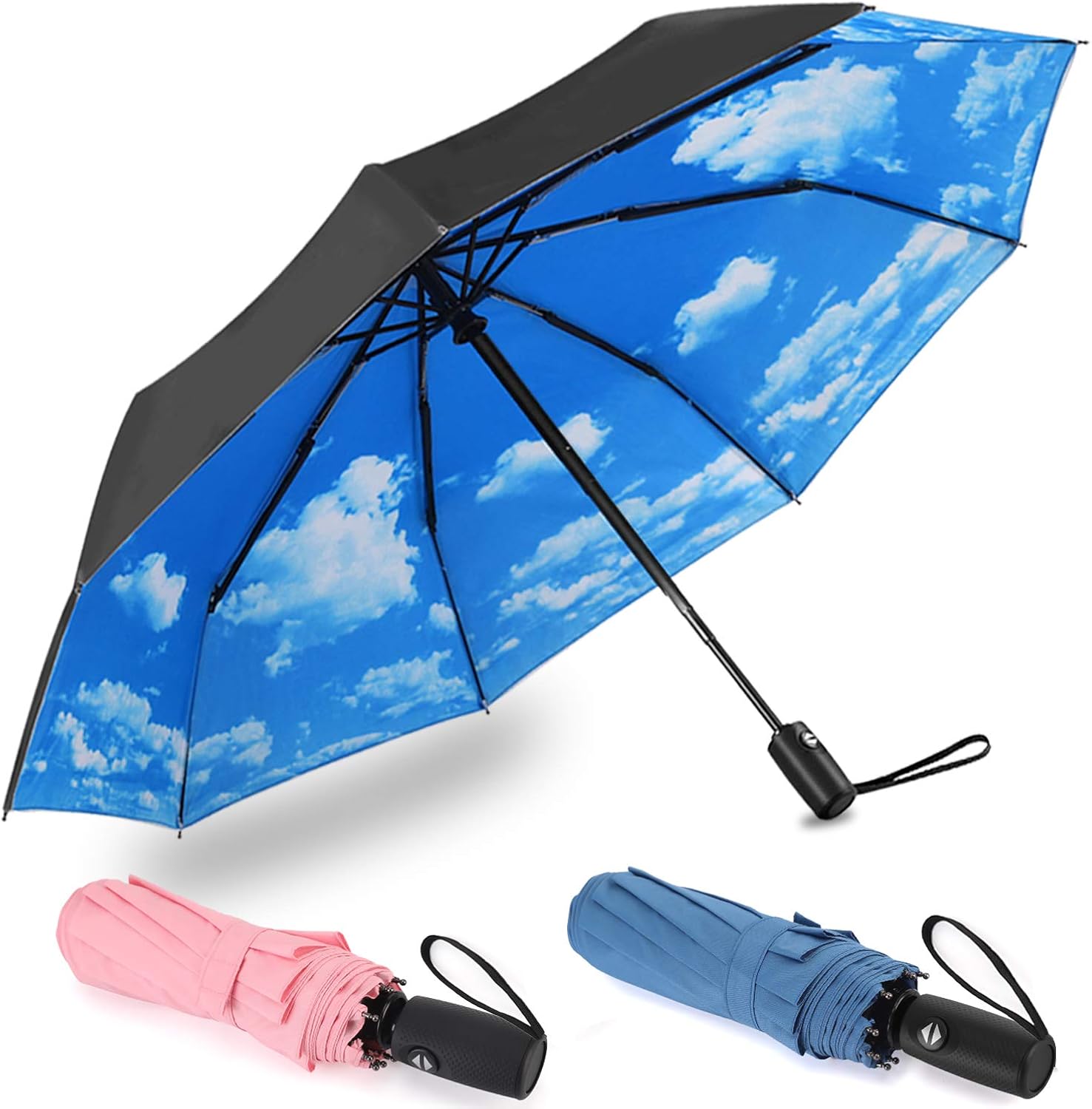 Pack of 3 Auto Open Compact Travel Umbrellas, Lightweight Windproof Folding Rain Umbrellas, 42 inches Canopy (Edition 2 - Blue Sky, Navy, Pink) : Clothing, Shoes & Jewelry