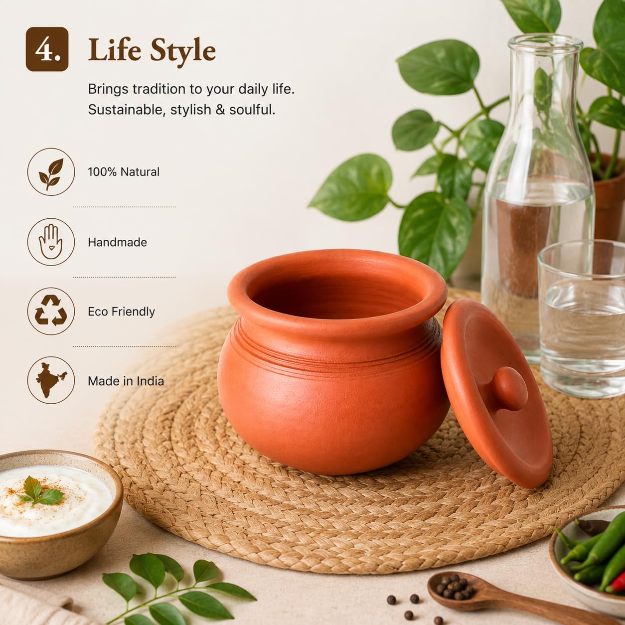 Buy JUVI Handmade Terracotta Clay Pot with Lid 500 ml | Natural
