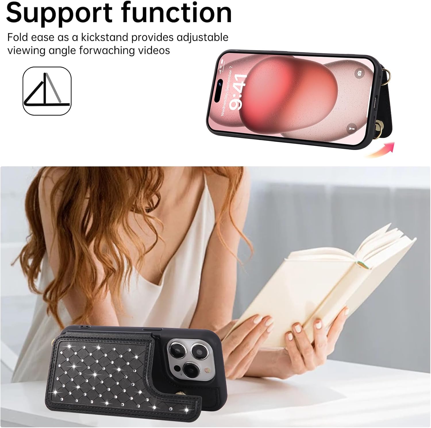 Crossbody Wallet Case for iPhone 13 Pro Max(6.7") with Detachable Strap - PU Leather Flip Folio with Card Slots & RFID Blocking, Sparkling Diamond Accents-Black - Image 4