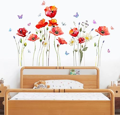Miniatura 6 de Calcomanías de pared de flores de amapola roja, margaritas florales y mariposas, calcomanías de pared para bricolaje, hojas verdes, plantas y